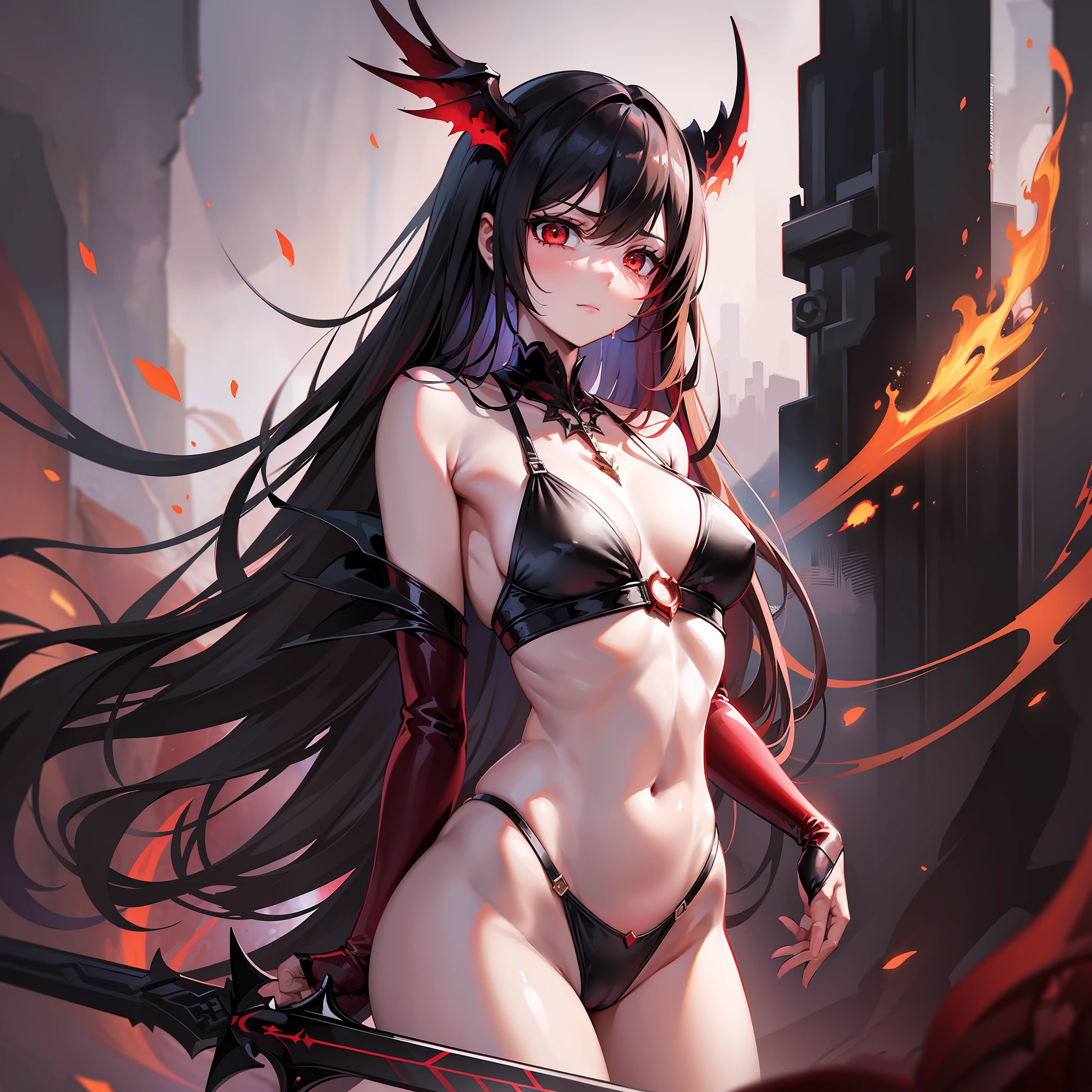 Cute Girl, Swimsuit, Death, Blood, Red, Darkness, Hell, Phoenix Next to It, Sword, Cute, Exquisite, Light Fog, Wind, Aesthetic, Fantasy, Dream, Magic, Magnificent Imagination, High Resolution, Super Delicate, Two-dimensional, Masterpiece, Best Quality