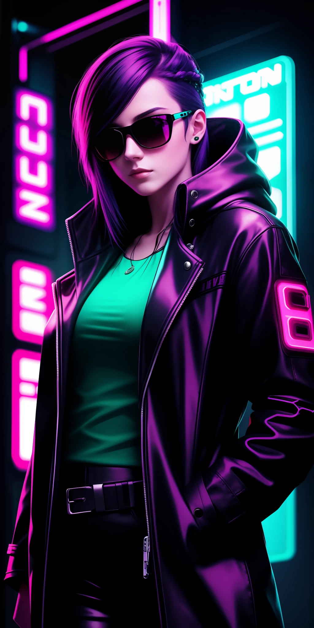 young woman in stylish coat with sunglasses Cyberpunk colorful neon lights