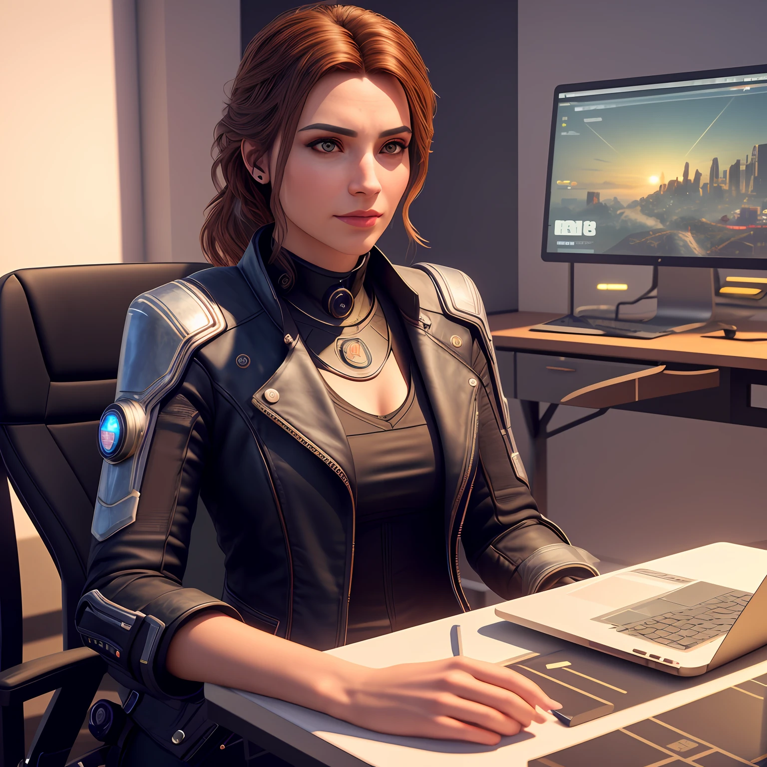 ((Best Quality)), ((masterpiece)), (detailed: 1.4), 3D, an image of a beautiful cyberpunk woman,HDR (High Dynamic Range),Ray Tracing,NVIDIA RTX,Super-Resolution,Unreal 5,Subsurface Dispersion, PBR Texture, Post-processing, Anisotropic filtering, Depth of field, Maximum clarity and sharpness, Multilayer textures, Albedo and specular maps, Surface shading, Man in marketing office, working on MacBook, Accurate simulation of light-material interaction,  Perfect Proportions, Octane Render, Two-Tone Lighting,Wide Aperture,Low ISO,White Balance,Rule of Thirds,8K RAW,