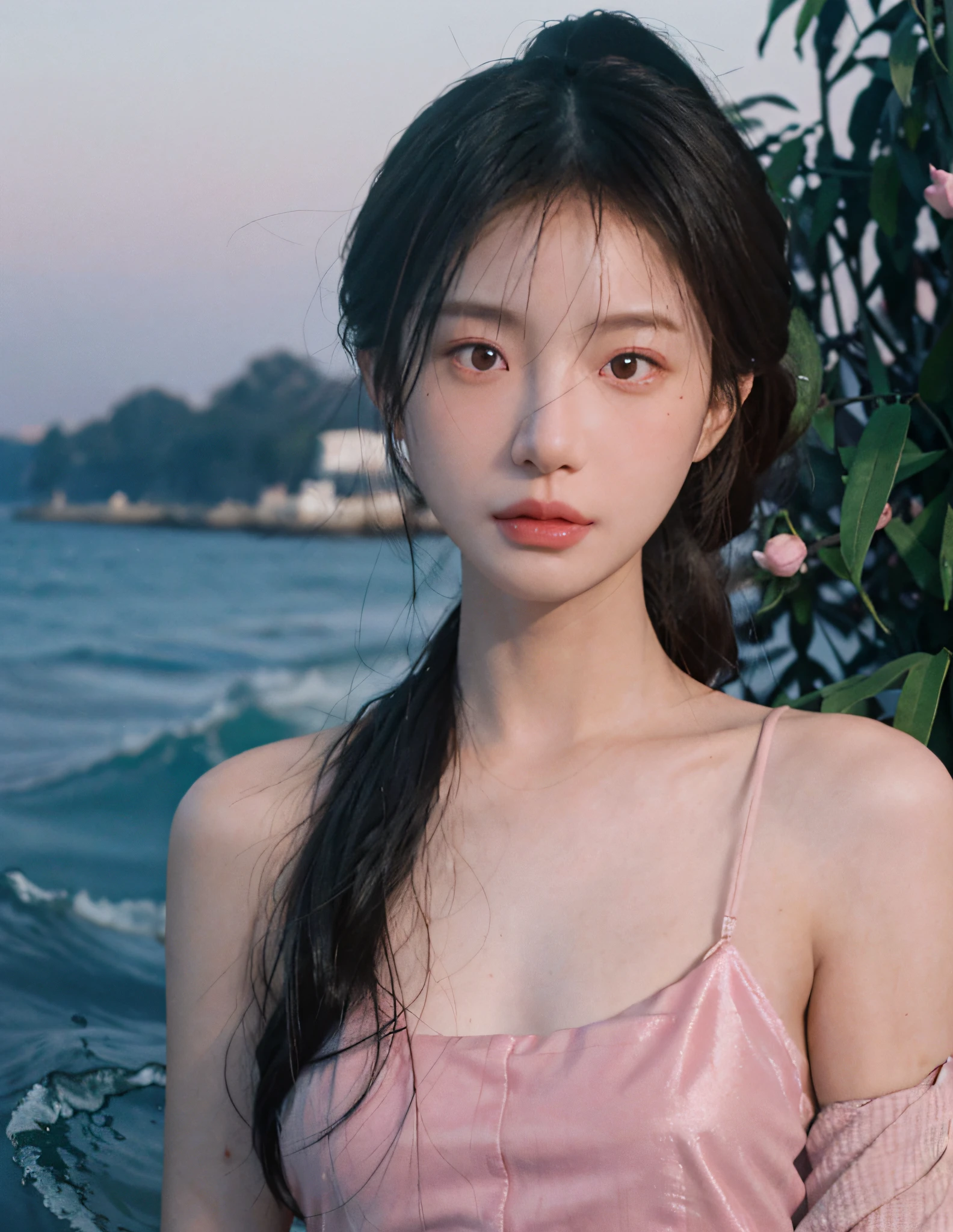 8k, RAW Photo, Best Quality, Masterpiece, High Detail RAW Color Photo, Professional Photo, (Realistic, Photorealistic Photorealism: 1.37), (High Detail Skin: 1.2), High Resolution, Beautiful Detailed Eyes, (Hard Focus: 1.4), (Clear Focus: 1.4), Realistic, (8K UHD:1.2), realistic high-quality shadows, pink pouty red lips, slender face, (wavy hair), semi-top knot, gray-blue wavy hair, pink eye color, suggestive appearance, (extreme face close-up), pov, ((depth of field))), pale and shiny skin, slip dress, 1 30 years old, buruma, clear water, layers of white clouds, background blur, lens flare, (vignetting: 0.8), dramatic lighting, cinematic lighting, backlighting, professional lighting, Physically based rendering, ulzzang-6500-v1.1, pureerosface_v1.