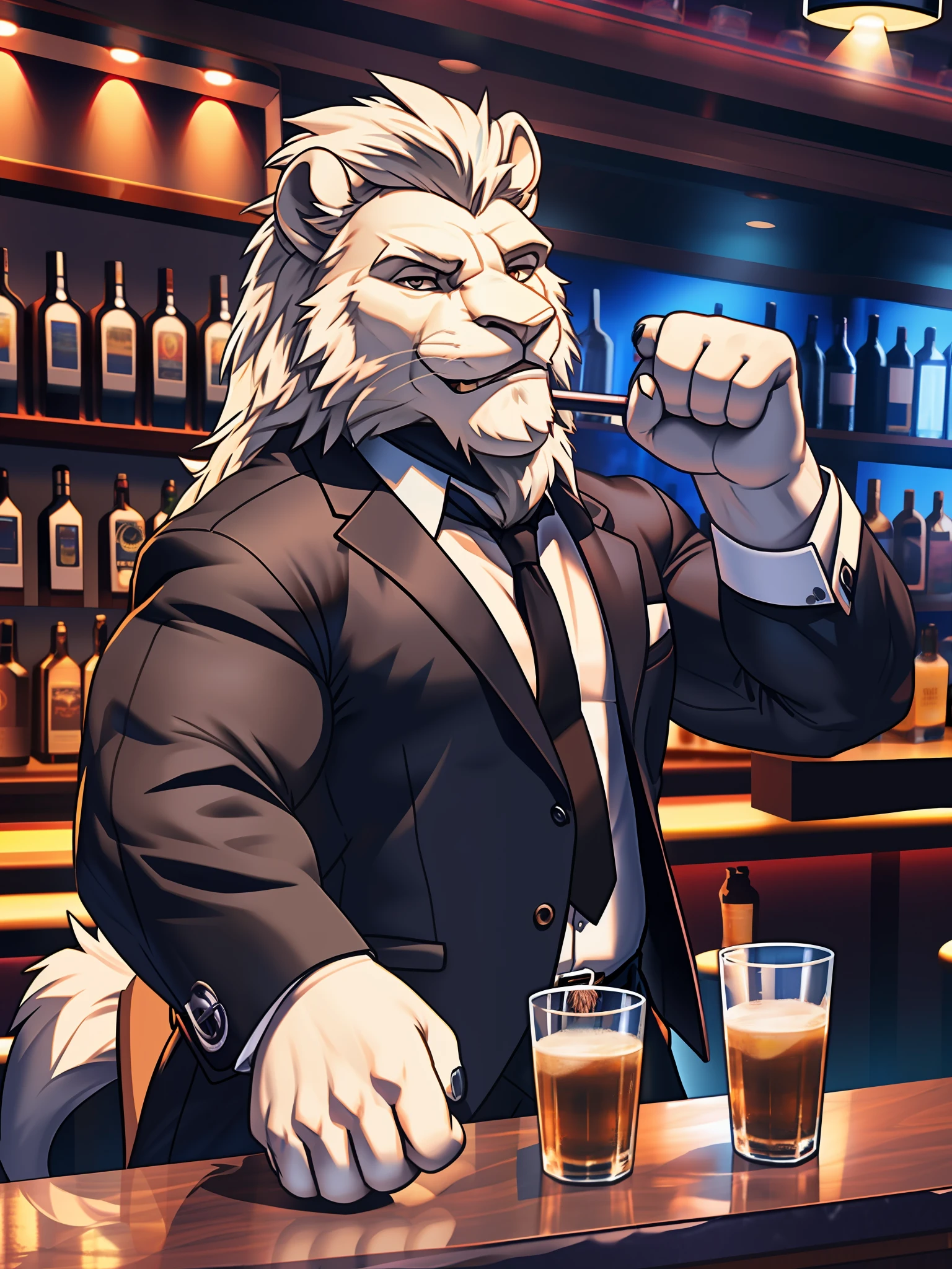 muscular man wear working in bar as bar tender, tuxedo, furry, an anthro (white lion), an anthto, a old man muscular, facial hair, happy expression, extremely detailed muscle, detailed face, face, detailed eyes, eyes,  detailed muscle, realistic rendering, CG realistic, 3d realistic, photography, background