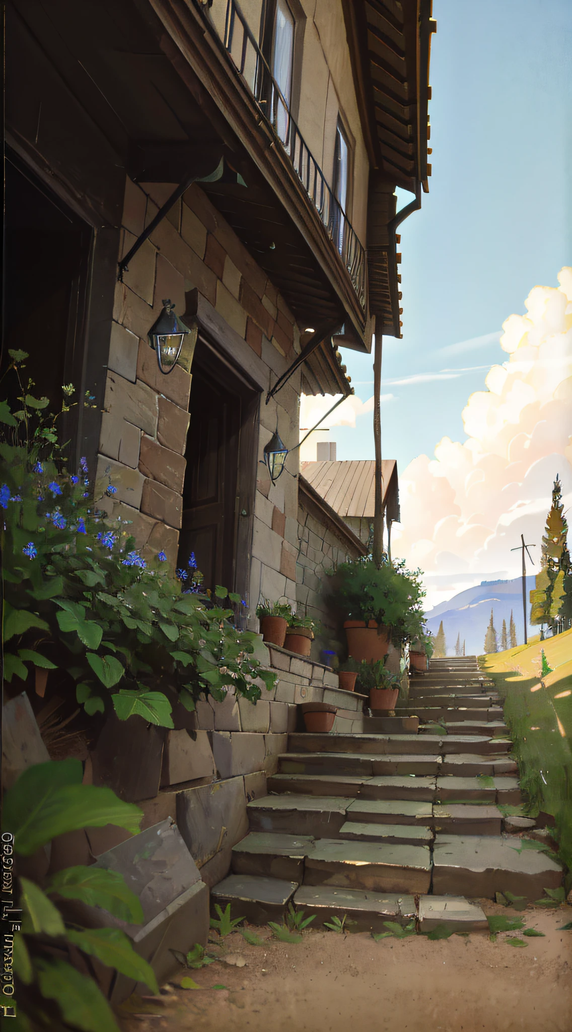 scenery, (no humans:1.8), (masterpiece, best quality, raw photo, absurdres:1.6), stone stairs, hill, sloping path, street, flower beds, wide shot, from below, old exterior wall, buildings, (perspective, depth of field:1.2), blue sky, intricate, church, (Claude Monet, Joaquín Sorolla, Childe Hassam, Ramon Casas, John Atknson Grimshaw, Frederic Remington:0.8), sharp focus, photorealistic, highres, ultra detailed, dynamic lighting, cinematic lighting, film grain, chromatic aberration