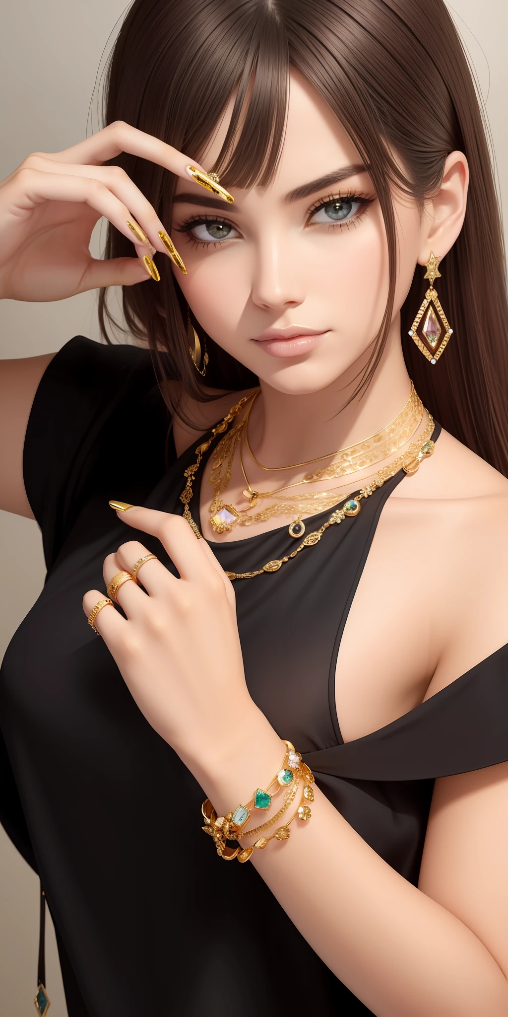 Gold nails and gemstones. nail polish, fashion accessories