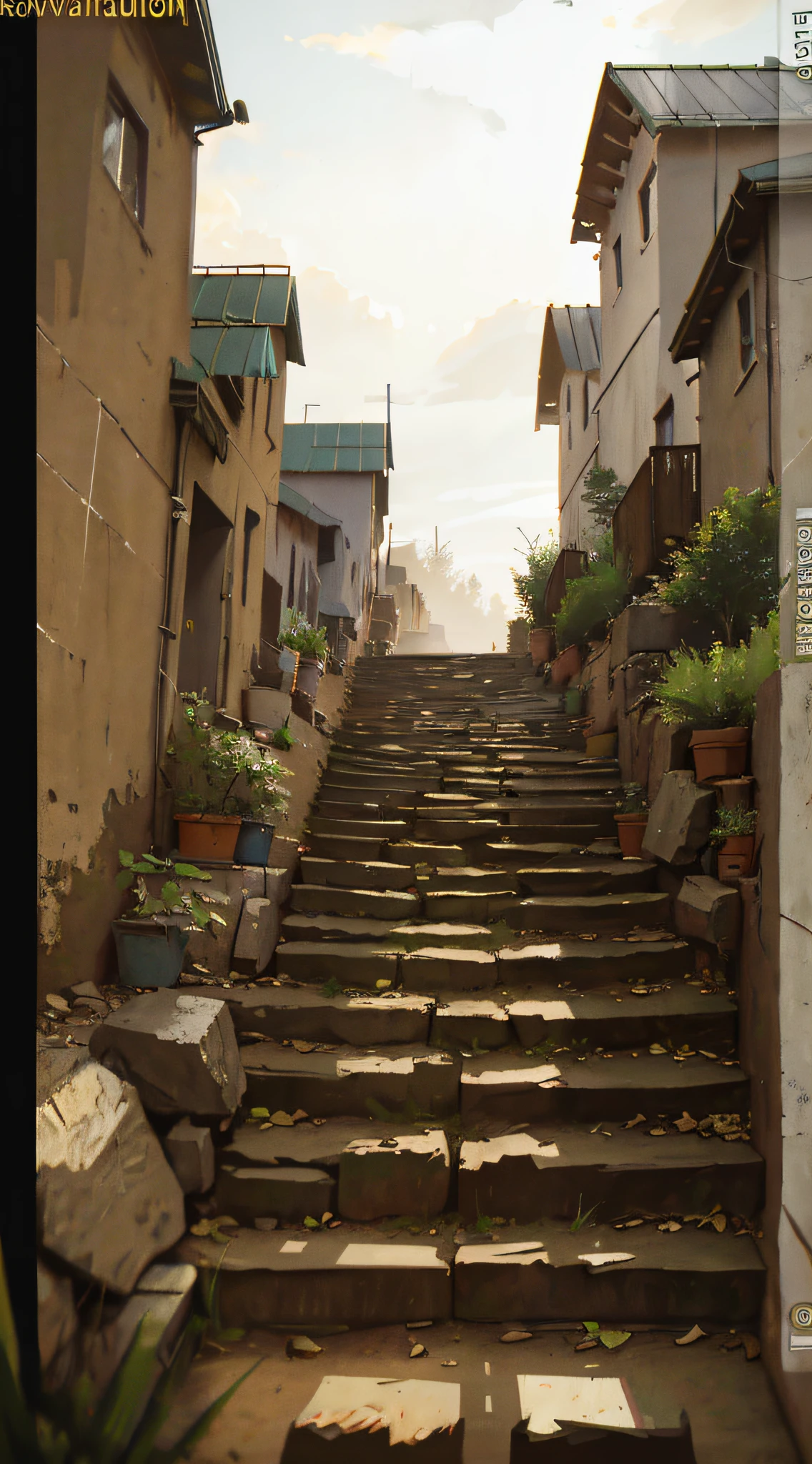 scenery, (no humans:1.8), (masterpiece, best quality, raw photo, absurdres:1.6), stone stairs, hill, sloping path, street, flower beds, wide shot, from below, old exterior wall, buildings, (perspective, depth of field:1.2), blue sky, intricate, (Claude Monet, Joaquín Sorolla, Childe Hassam, Ramon Casas, John Atknson Grimshaw, Frederic Remington:0.8), sharp focus, photorealistic, highres, ultra detailed, dynamic lighting, cinematic lighting, film grain, chromatic aberration