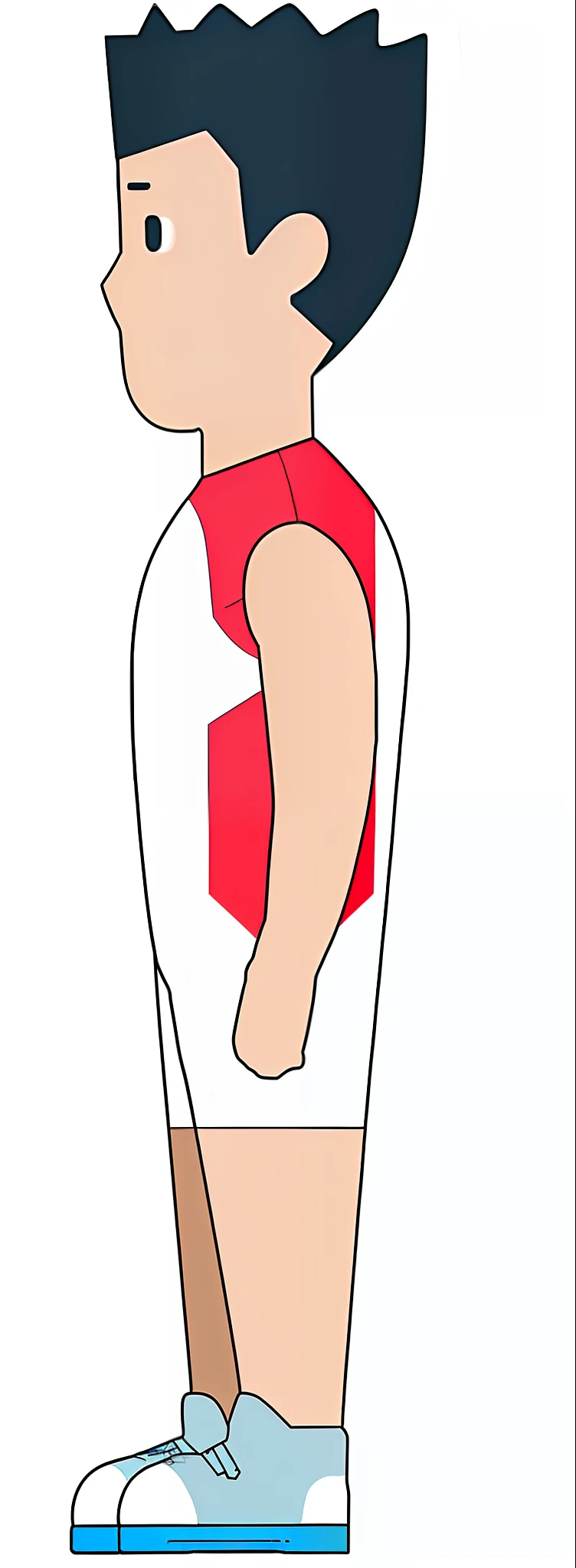 cartoon of a man with a red and white shirt standing on a scale, buttshape, shows a leg, an illustration, simple illustration, simple anatomic, sharply shaped, vastus lateralis, waist reaching ponytail, insanely inflated hips, knee, oversized_hindquarters, top half of body, lengthwise, lower body, arms to side, tail slightly wavy --auto --s2