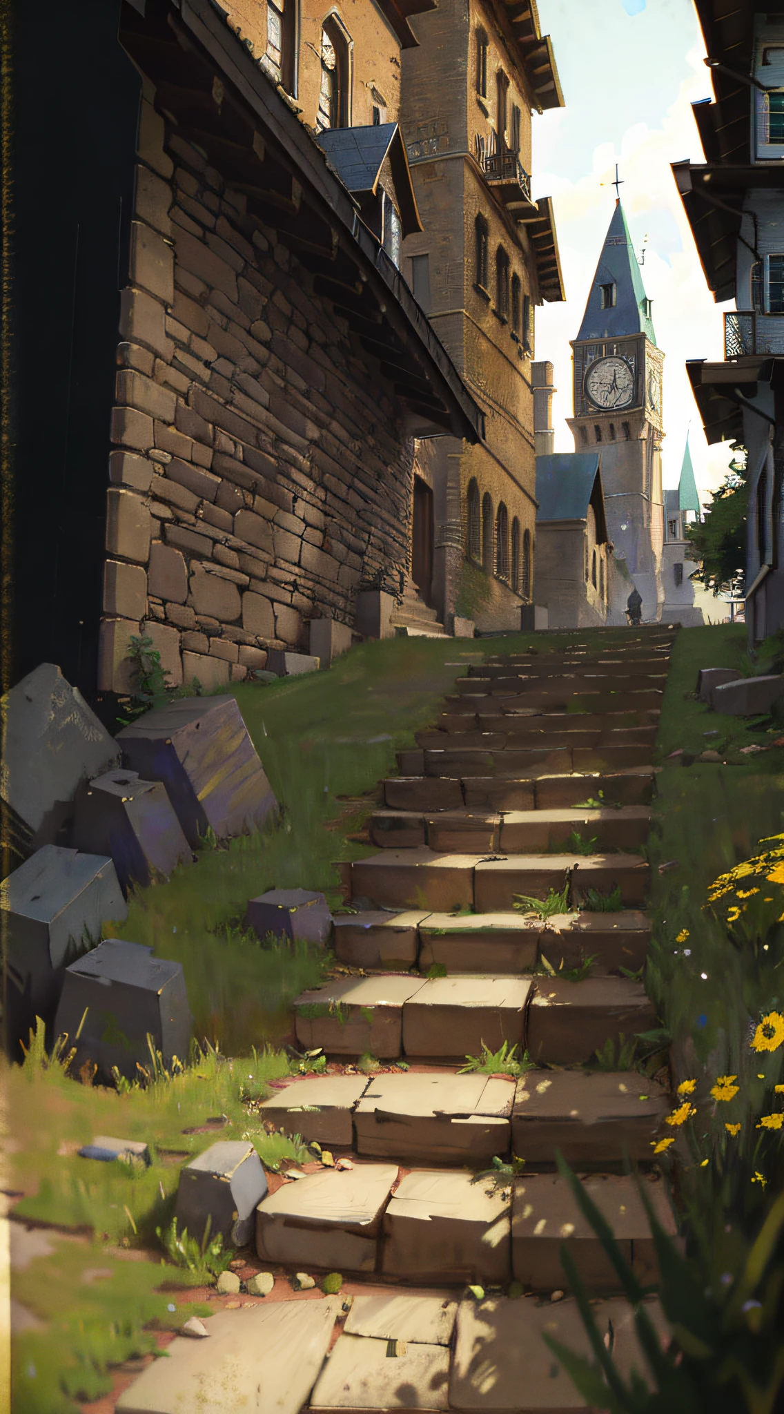 scenery, (no humans:1.8), (masterpiece, best quality, raw photo, absurdres:1.6), stone stairs, hill, sloping path, street, flower beds, wide shot, from below, old exterior wall, buildings, (perspective, depth of field:1.2), blue sky, intricate, church, (Claude Monet, Joaquín Sorolla, Childe Hassam, Ramon Casas, John Atknson Grimshaw, Frederic Remington:0.8), sharp focus, photorealistic, highres, ultra detailed, dynamic lighting, cinematic lighting, film grain, chromatic aberration