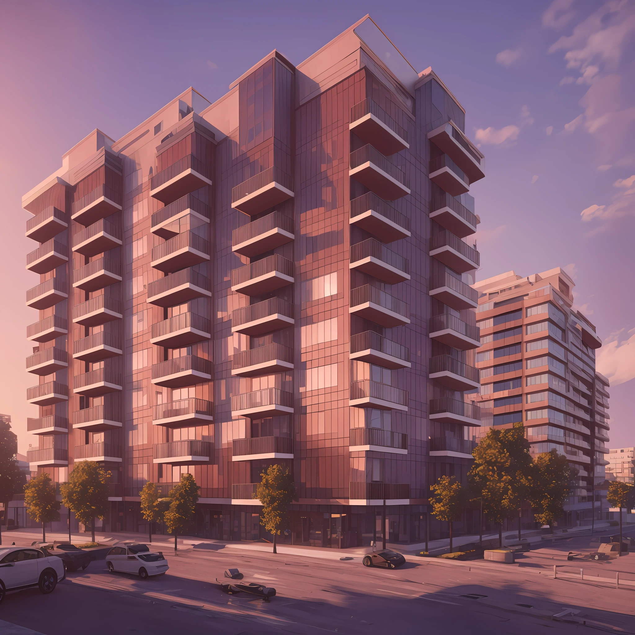 3D model HD rendering, building rendering, high detail, realistic lighting, reality lighting, Lumion 12 rendering, Apartment, 7 floor, Nude colors, evening sun, in street --auto --s2