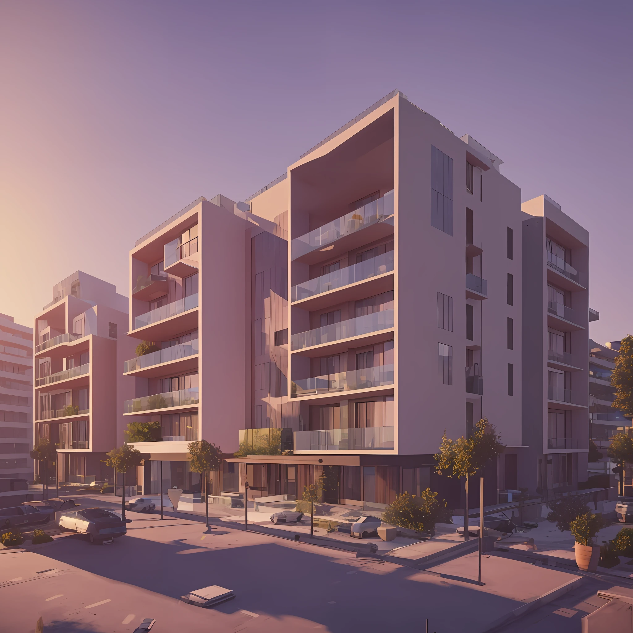3D model HD rendering, building rendering, high detail, realistic lighting, reality lighting, Lumion 12 rendering, Apartment, 7 floor, Nude colors, evening sun, in street --auto --s2