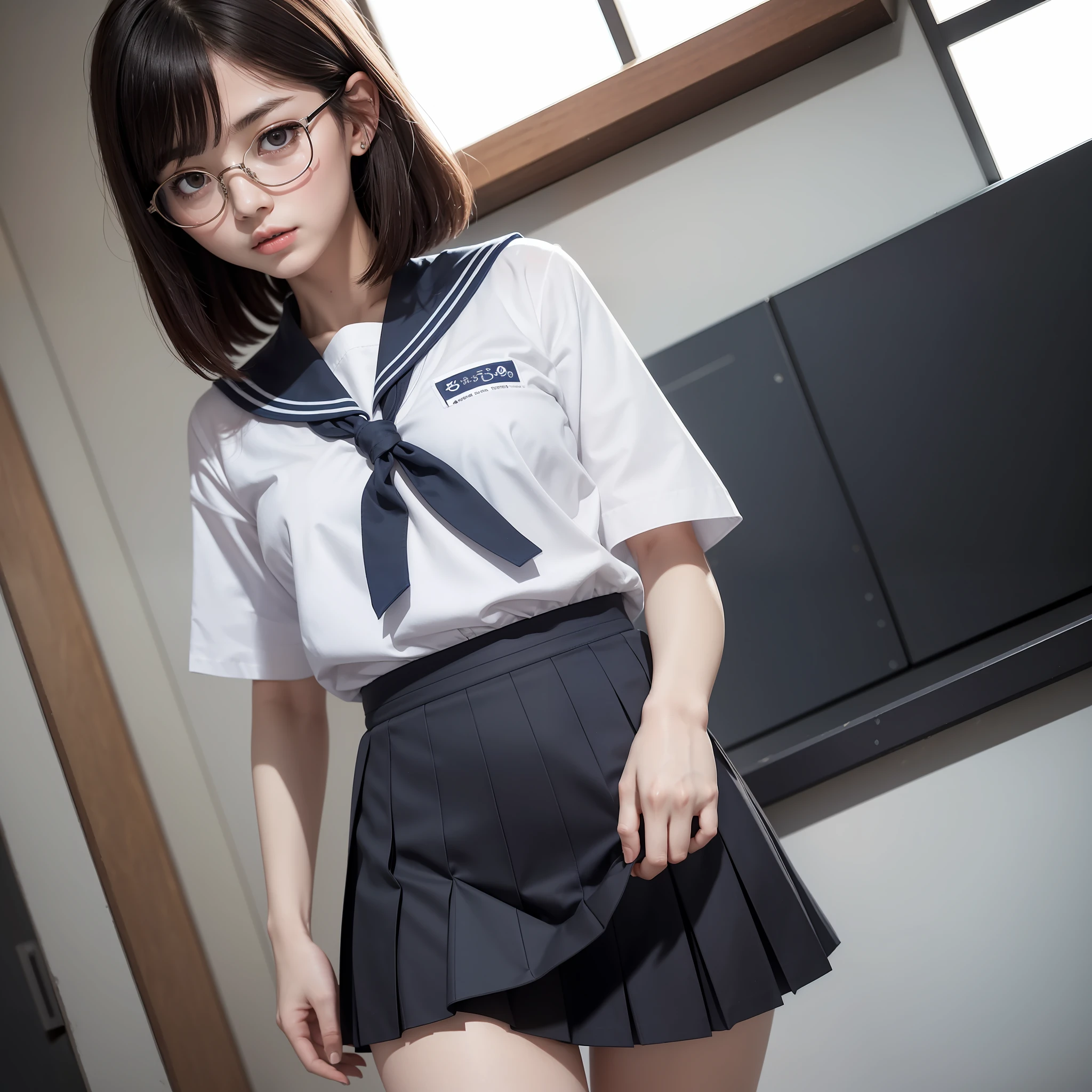 ((Half Eye)), ((Narrowed Eyes)), ((Solo)), (Small),, Uncensored, 1 Girl,Full Body,Raw Photo, Candid, (Flat Breasts),Textured Skin, (Medium Hair:1.2), Pale Skin, Japan People, Glasses, Young, Tall, Dark Look, Bright Black Eyes, Anger,Ears Out, Sailor Uniform,School Uniform,Blue and Light Blue Check Skirt ,Slender Body, Medium Build, Small waist, wide thighs, photorealistic, best quality, 8K, masterpiece