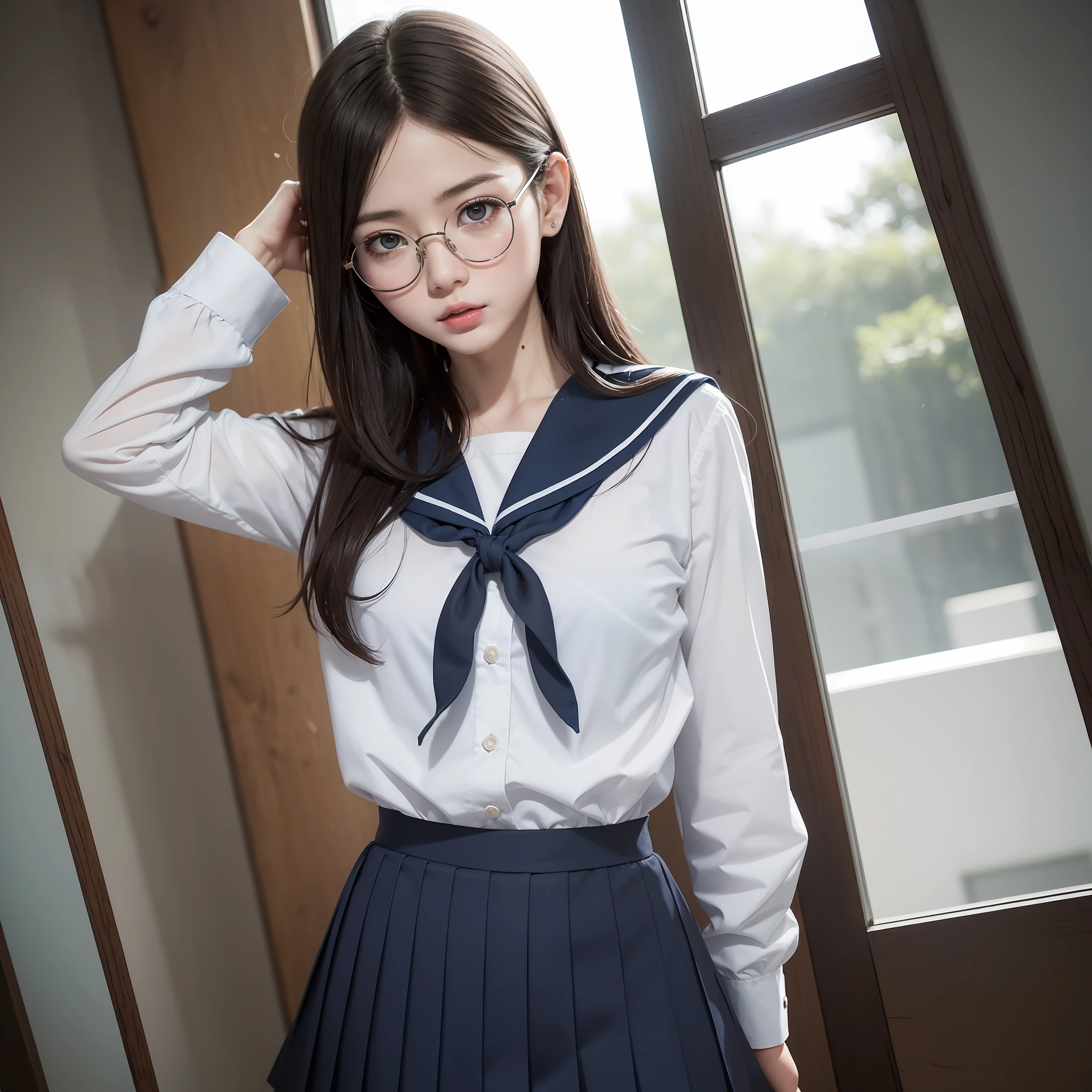 ((Half Eye)), ((Narrowed Eyes)), ((Solo)), (Small),, Uncensored, 1 Girl,Full Body,Raw Photo, Candid, (Flat Breasts),Textured Skin, (Medium Hair:1.2), Pale Skin, Japan People, Glasses, Young, Tall, Dark Look, Bright Black Eyes, Anger,Ears Out, Sailor Uniform,School Uniform,Blue and Light Blue Check Skirt ,Slender Body, Medium Build, Small waist, wide thighs, photorealistic, best quality, 8K, masterpiece