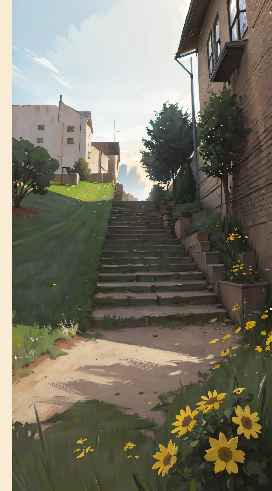 scenery, (no humans:1.8), (masterpiece, best quality, raw photo, absurdres:1.6), stone stairs, hill, sloping path, street, flower beds, wide shot, from below, old exterior wall, buildings, (perspective, depth of field:1.2), blue sky, intricate, (Claude Monet, Joaquín Sorolla, Childe Hassam, Ramon Casas, John Atknson Grimshaw, Frederic Remington:0.8), sharp focus, photorealistic, highres, ultra detailed, dynamic lighting, cinematic lighting, film grain, chromatic aberration