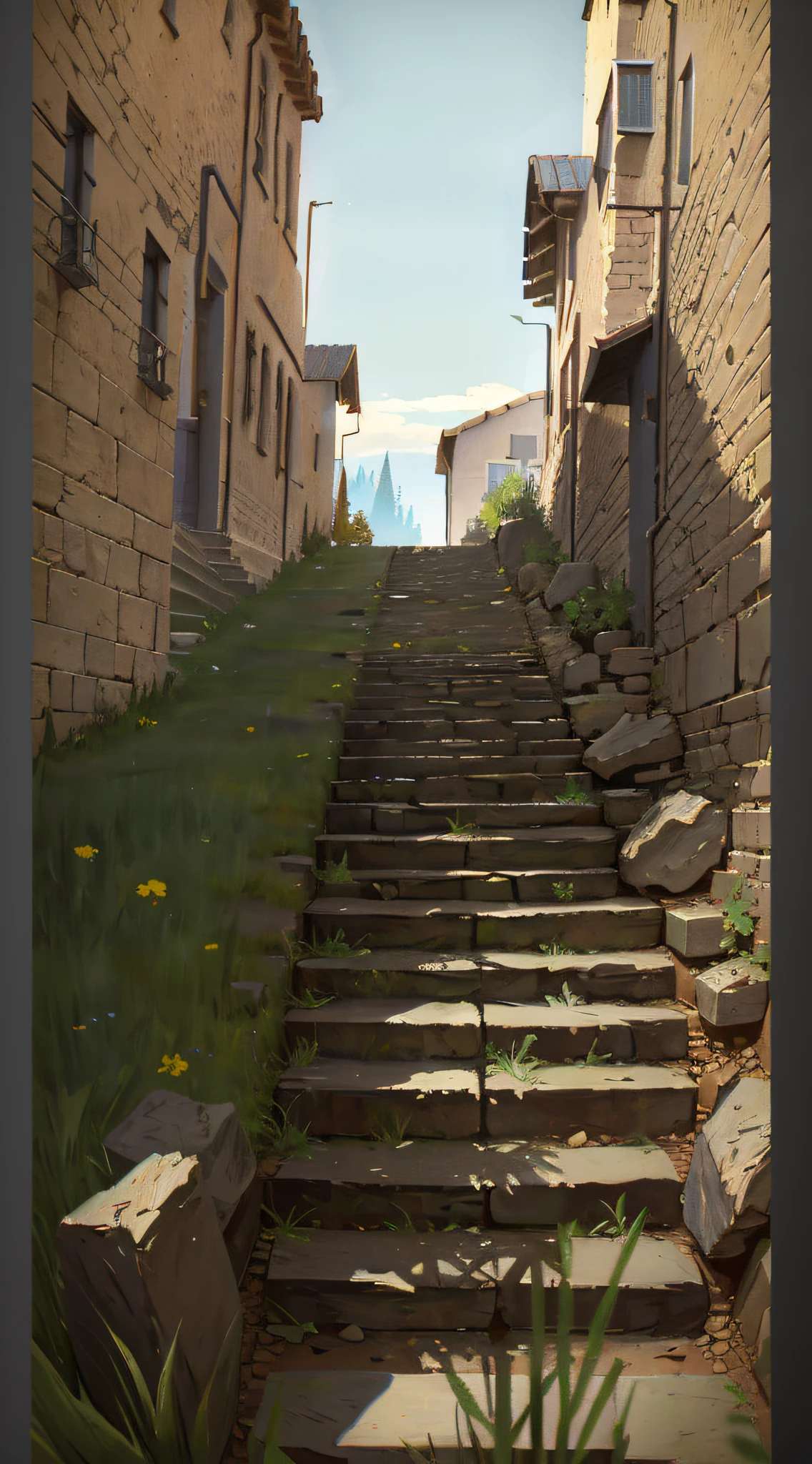 scenery, (no humans:1.8), (masterpiece, best quality, raw photo, absurdres:1.6), stone stairs, hill, sloping path, street, flower beds, wide shot, from below, old exterior wall, buildings, (perspective, depth of field:1.2), blue sky, intricate, church, (Claude Monet, Joaquín Sorolla, Childe Hassam, Ramon Casas, John Atknson Grimshaw, Frederic Remington:0.8), sharp focus, photorealistic, highres, ultra detailed, dynamic lighting, cinematic lighting, film grain, chromatic aberration