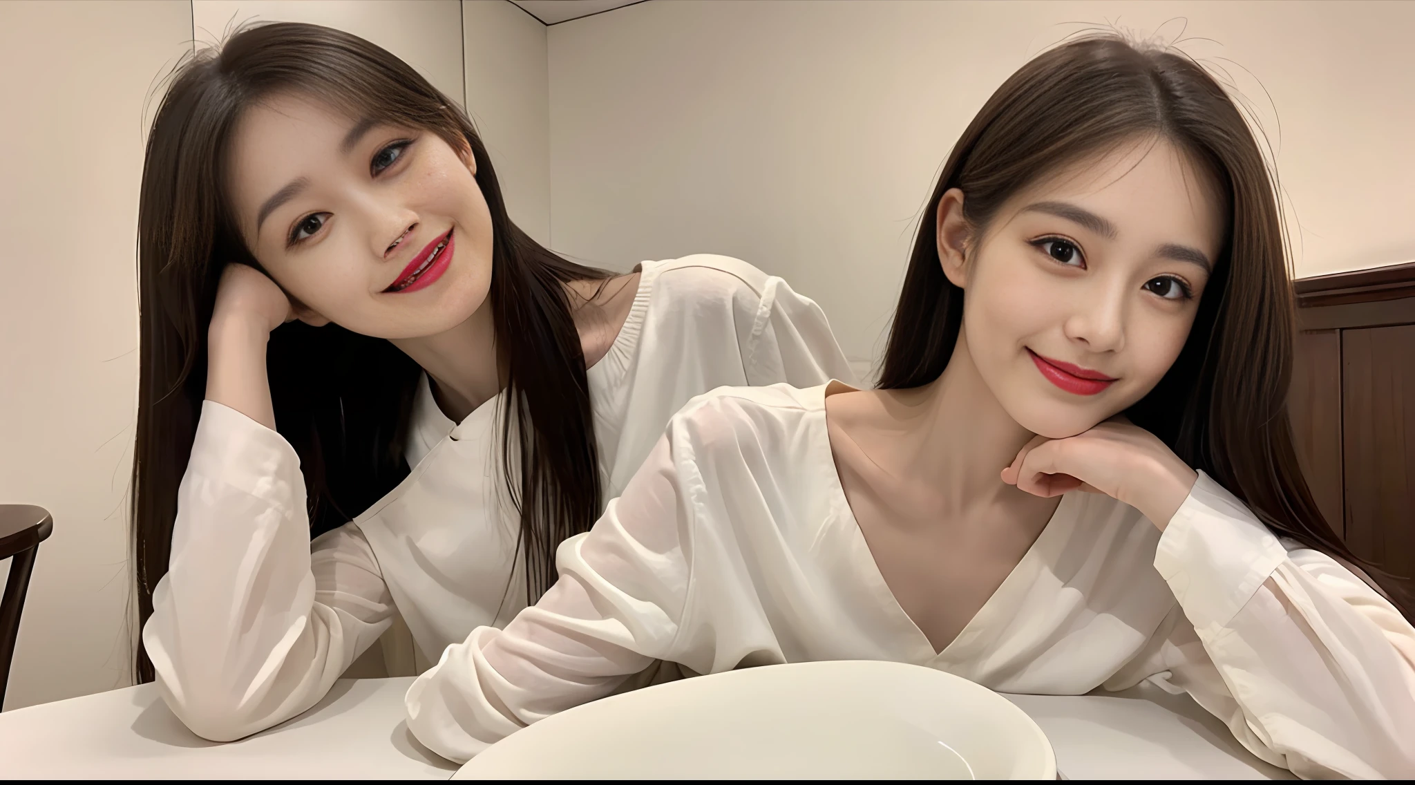 Masterpiece, top lighting, bright light, seduction, smile, brown delicate and delicate long hair, dining table, sitting on a chair, delicate white shirt, big breasts without leaking points, high-definition facial features, 8K, double eyelids, delicate facial features,
