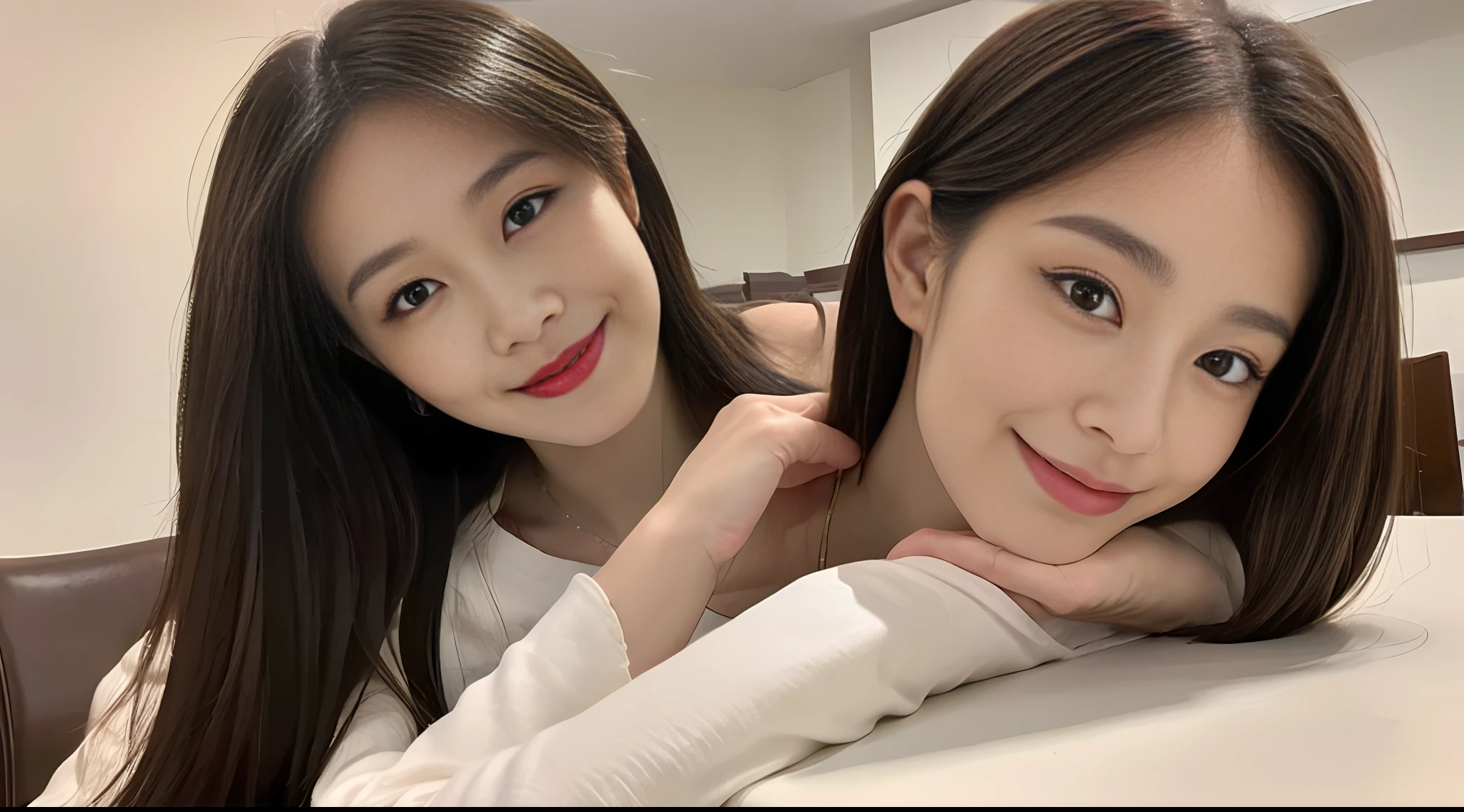 Masterpiece, top lighting, bright light, seduction, smile, brown delicate and delicate long hair, dining table, sitting on a chair, delicate white shirt, big breasts without leaking points, high-definition facial features, 8K, double eyelids, delicate facial features,