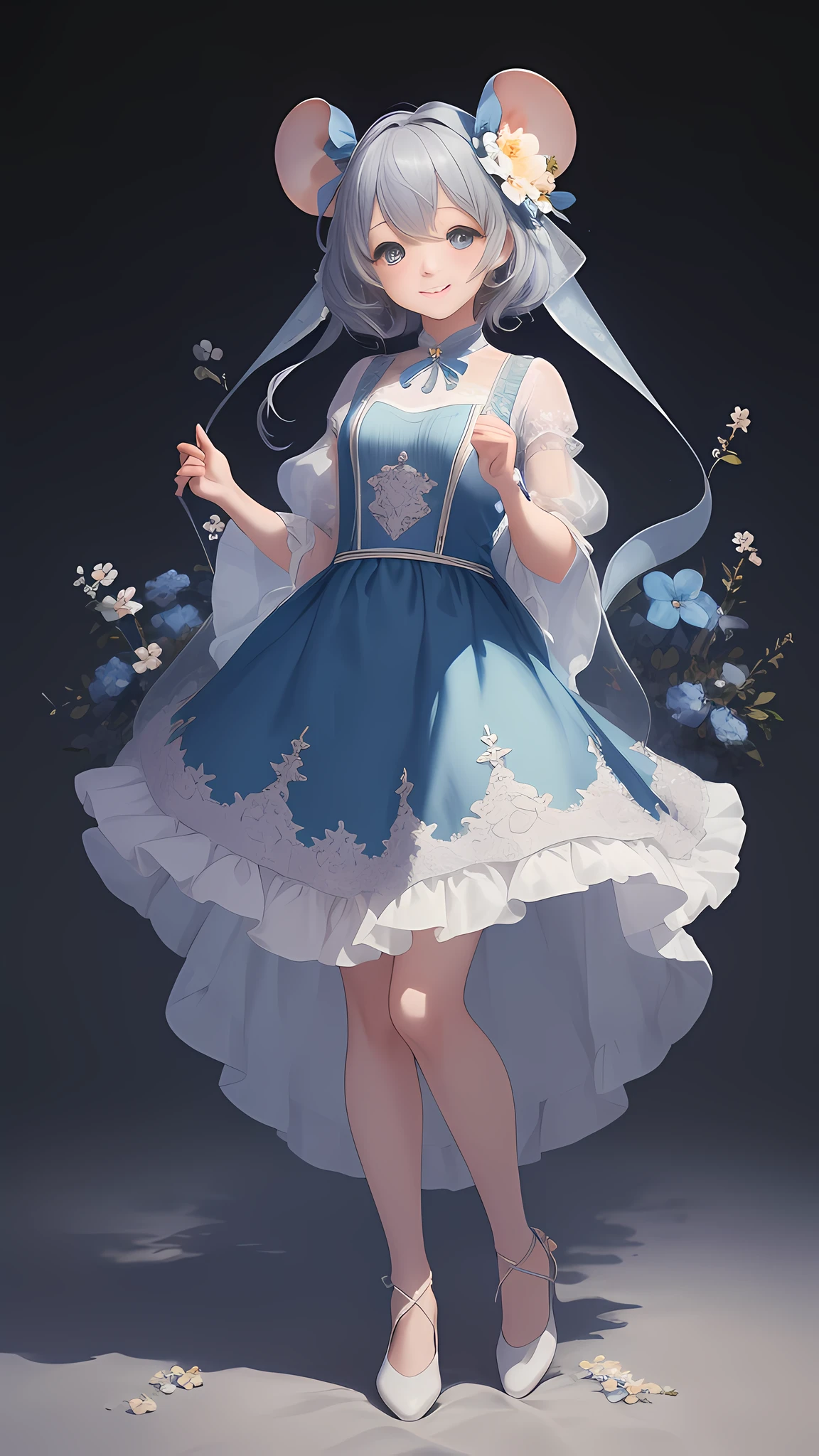 Mouse delicate cute girl, fluffy, soft ((best quality)), ((masterpiece)), ( extreme detail, highest detail, official art, beauty and aesthetics: 1.2), lens stretch, composition, full body, (beautiful and detailed eyes: 1.3), wearing blue gauze weave, (very happy: 1), background flower sea dark series