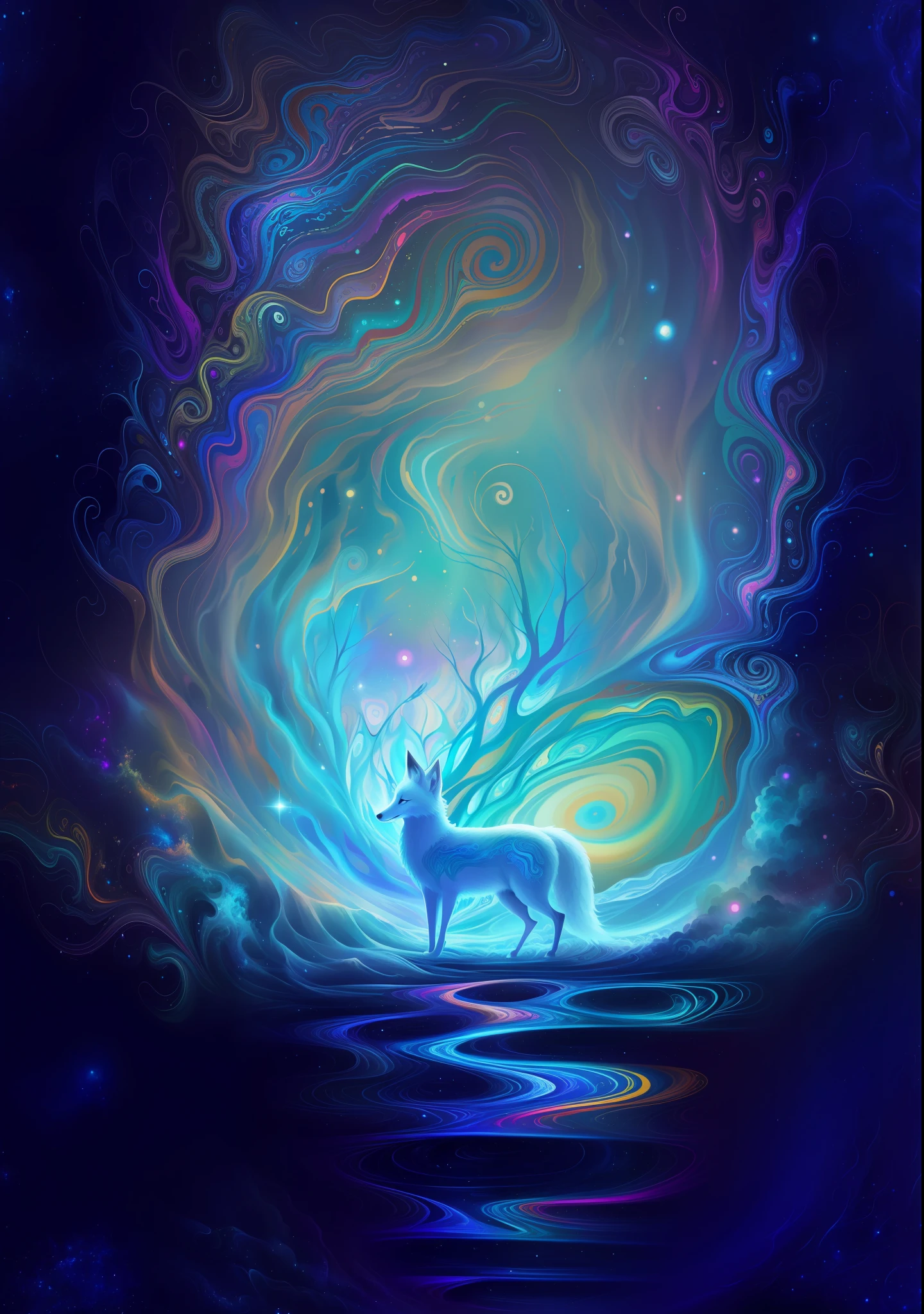 (psychedelic painting of a white fox standing in front of a colored swirl), (( , elf, big head)), waves, multi-layered, foreground, vista, fractal thunder Dan Mumford, Dan Mumford and Alex gray style, psychedelic surrealist art, surrealist psychedelic design, dream art style, optical illusion psychedelic art, infinite psychedelic waves, inspired by Cyril Rolando, real ripple structure, psychedelic art style, psychedelic art, psychedelic illustration - V6