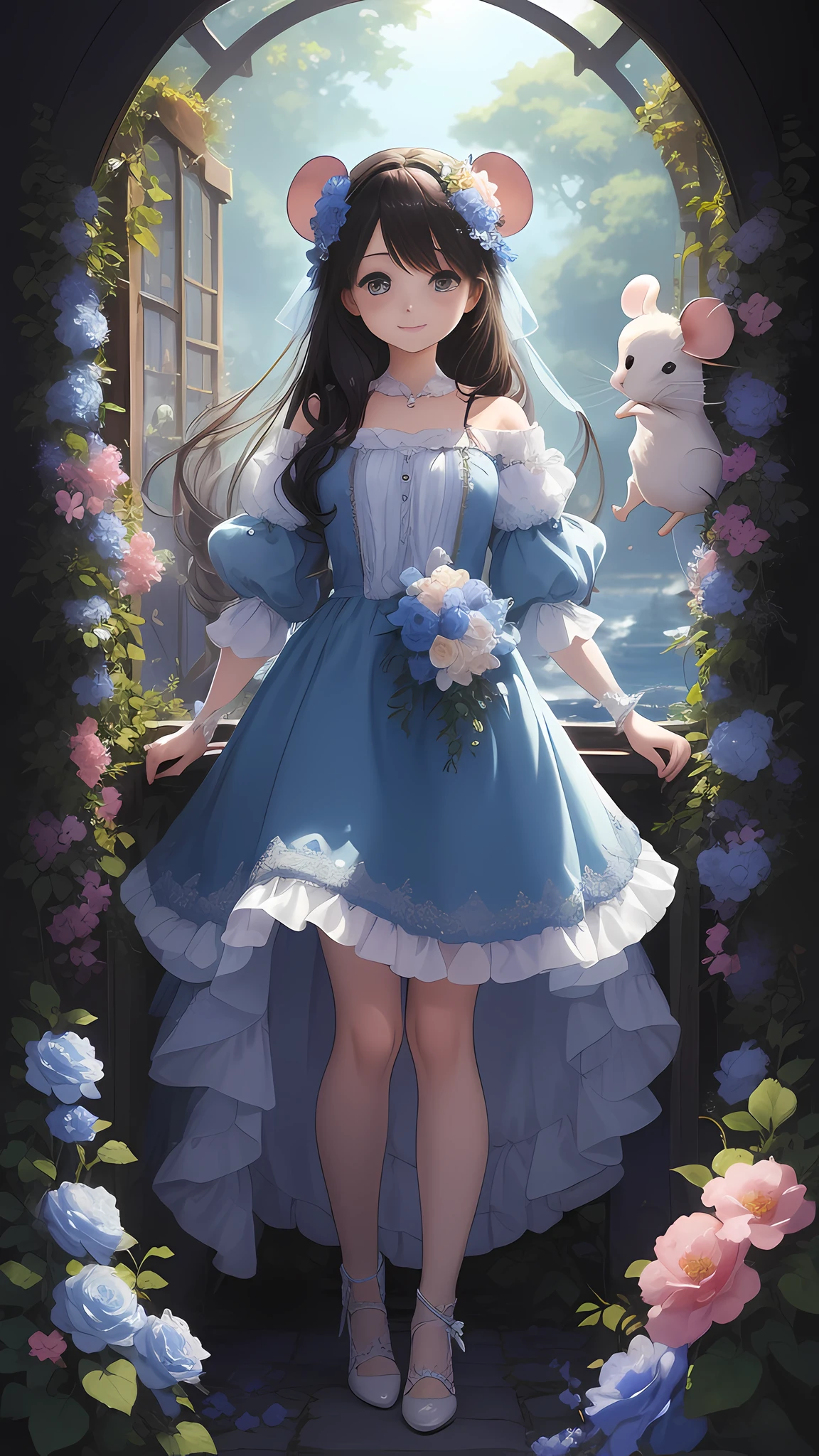 Mouse delicate cute girl, fluffy, soft ((best quality)), ((masterpiece)), ( extreme detail, highest detail, official art, beauty and aesthetics: 1.2), lens stretch, composition, full body, (beautiful and detailed eyes: 1.3), wearing blue gauze weave, (very happy: 1), background flower sea dark series