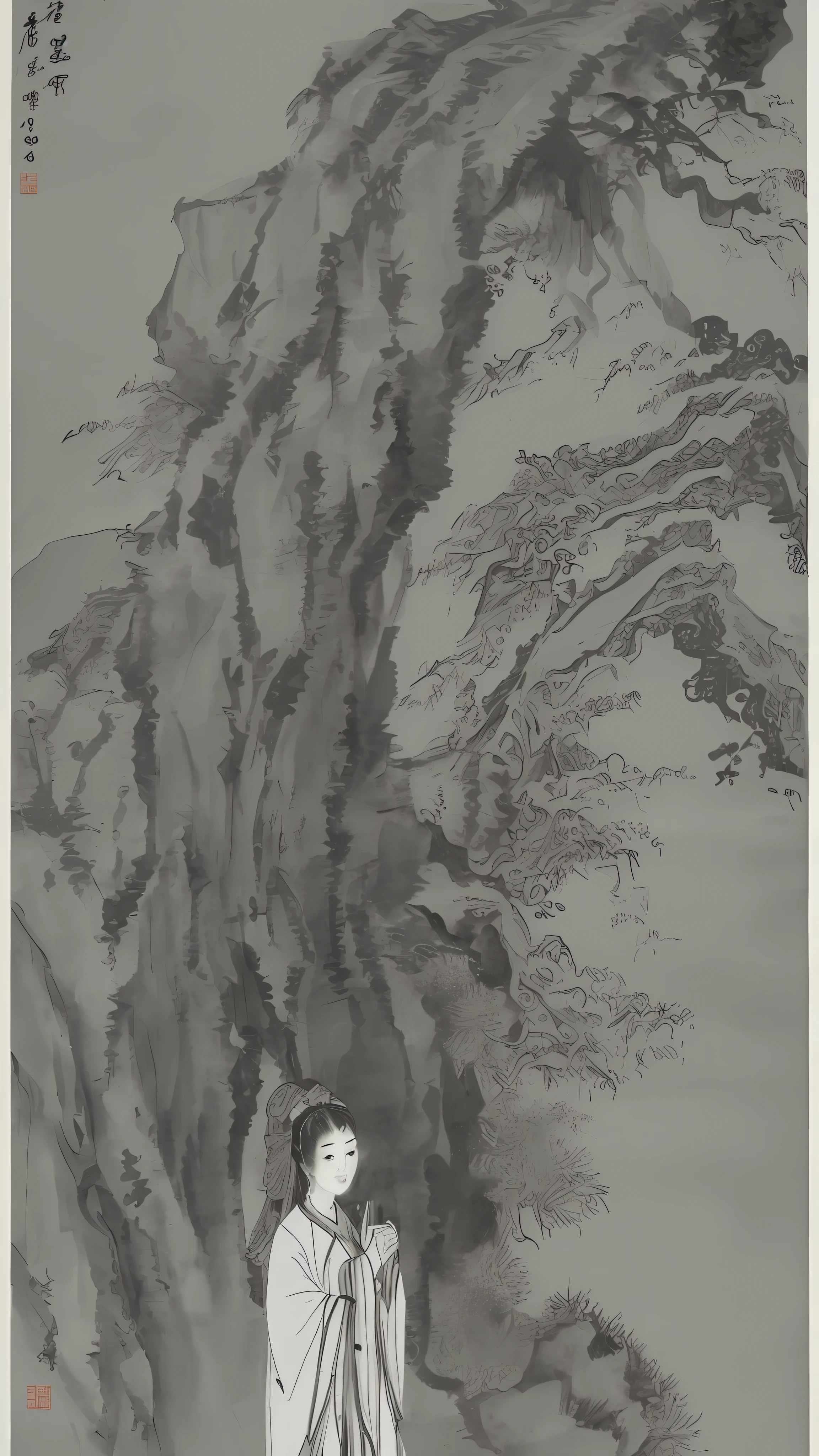 Shook Walking Horse, Negative Space,, Ink Painted Bethim, Standing Female Portrait, Willow Branch, (masterpiece, best quality: 1.2), Chinese painting, model style, peace, (smile), looking at the audience, wearing Changhan clothing, Hanfu, song, background, Willow trees, Wu Chang said,