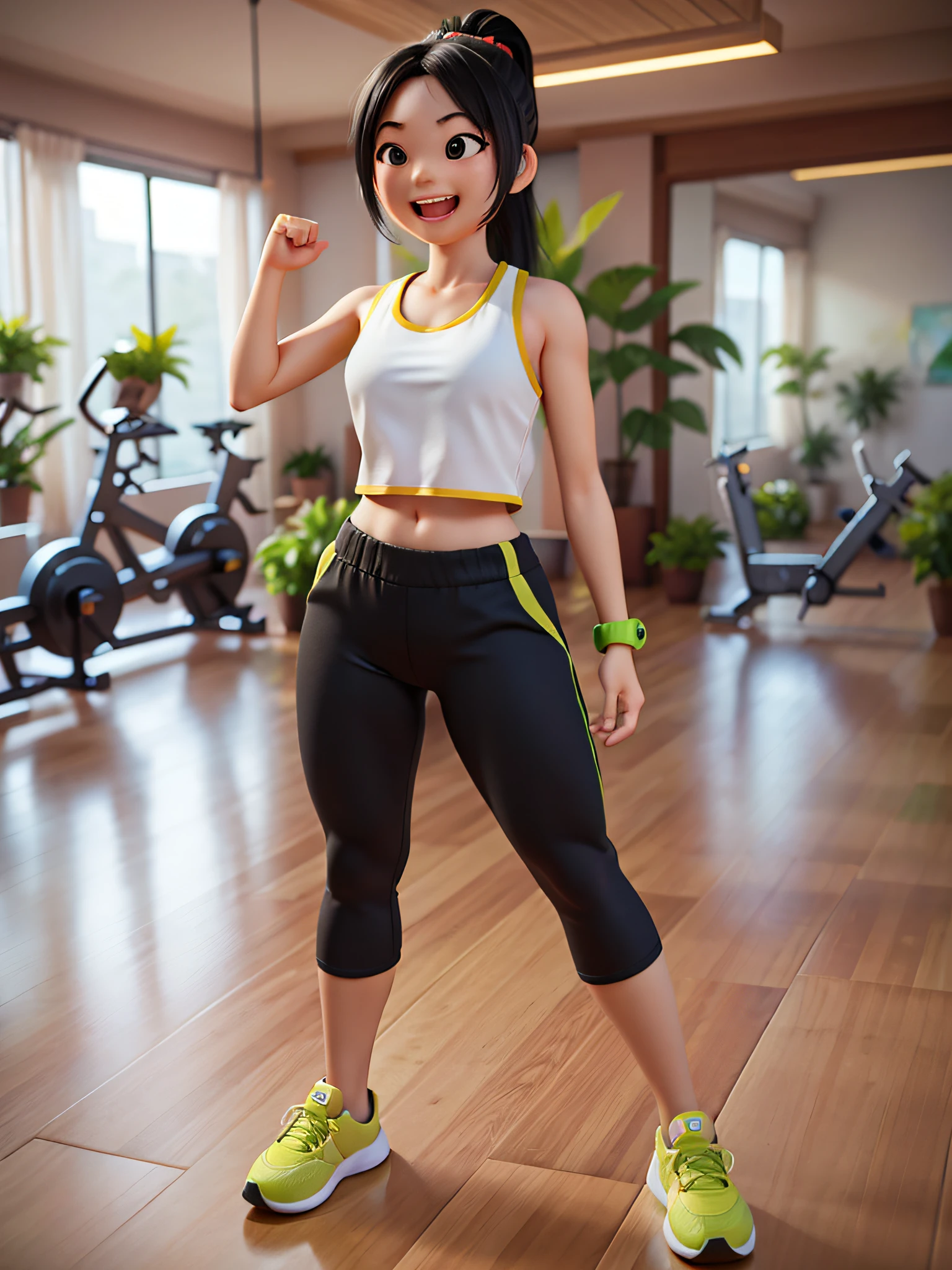 1 Chinese girl, (full body:1.2), happy laugh, light green loose clothes, black long ponytail, fitness, gym background, simple background, 3d rendering, best details, masterpiece, movie lighting, 8K
