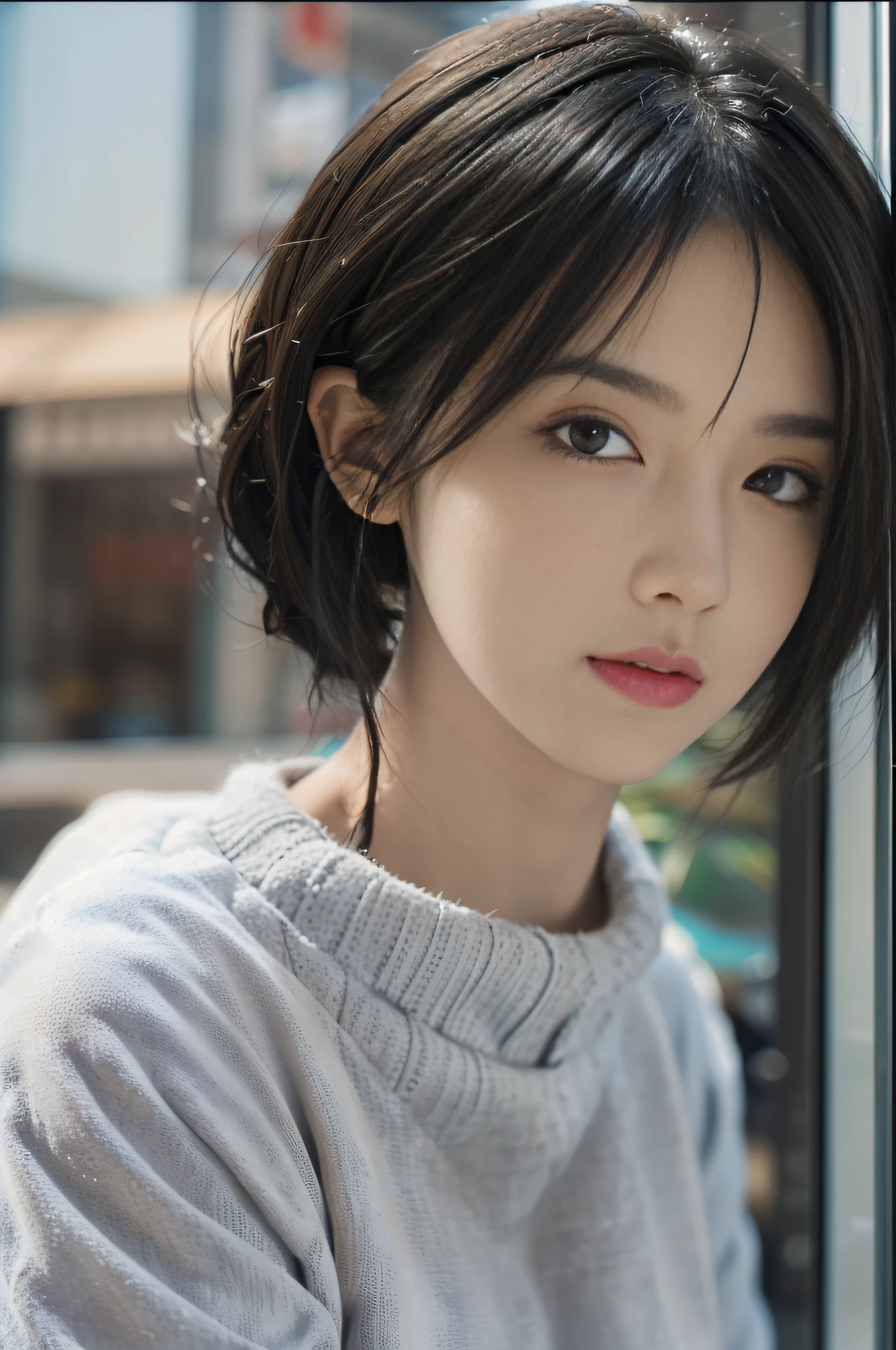 (masterpiece:1.3), (8k, photorealistic, RAW photo, best quality: 1.4), (1girl), beautiful face, (realistic face), (black hair, short hair:1.3), beautiful hairstyle, realistic eyes, beautiful detailed eyes, (realistic skin), beautiful skin, (sweater), absurdres, attractive, ultra high res, ultra realistic, highly detailed, golden ratio
