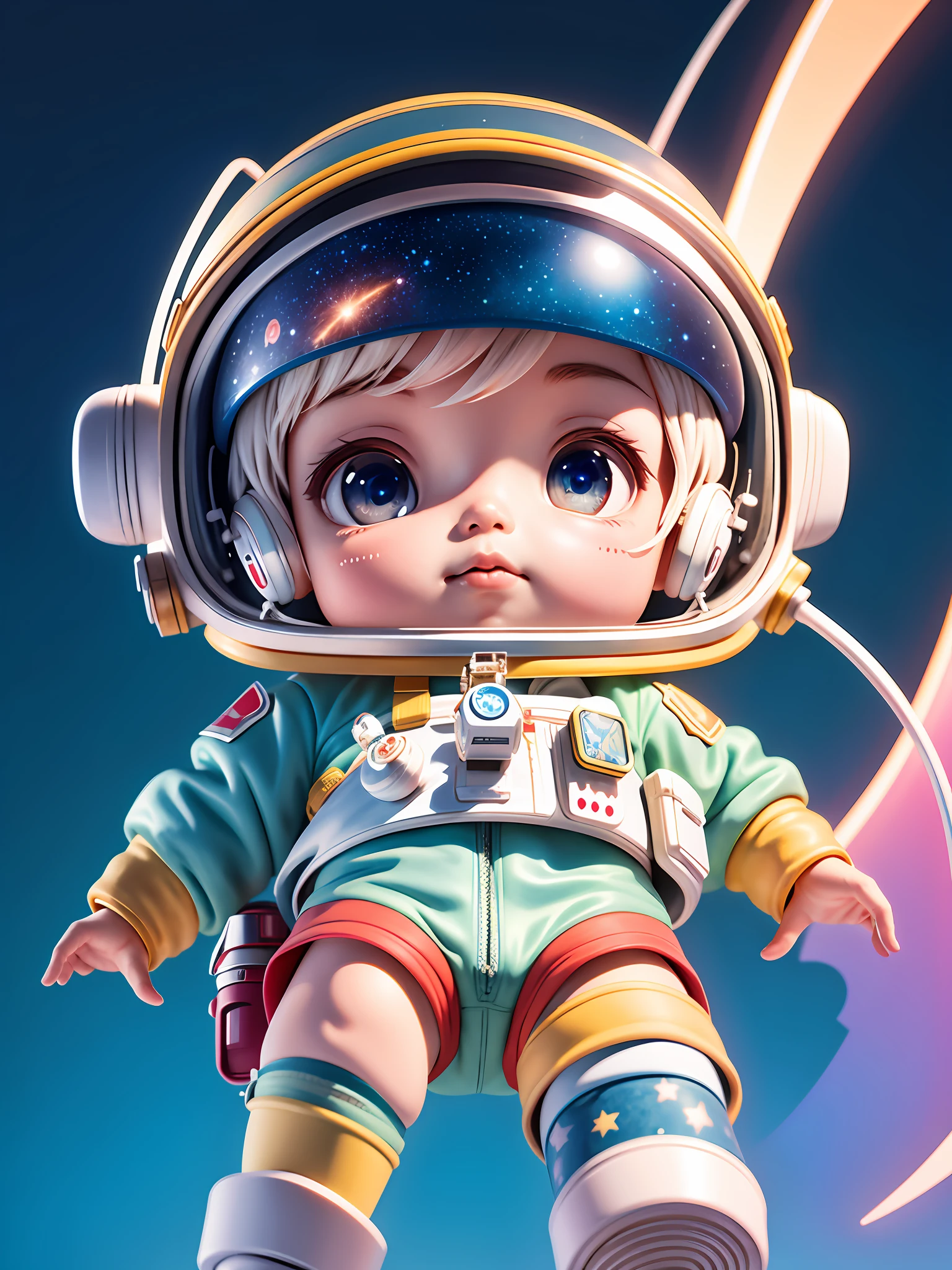 Pixar style, there is a little Chinese doll with helmet and helmet, delicate face full of details, little astronaut looking up, portrait anime space cadet boy, anime boy rendering, spacesuit 🇨🇳 icon, cute detailed digital art, male explorer mini cute boy, 3d rendered stylized, 3d rendered character art 8k, cute digital painting, anime style 3d, super detailed rendering, cosmic starry sky background,