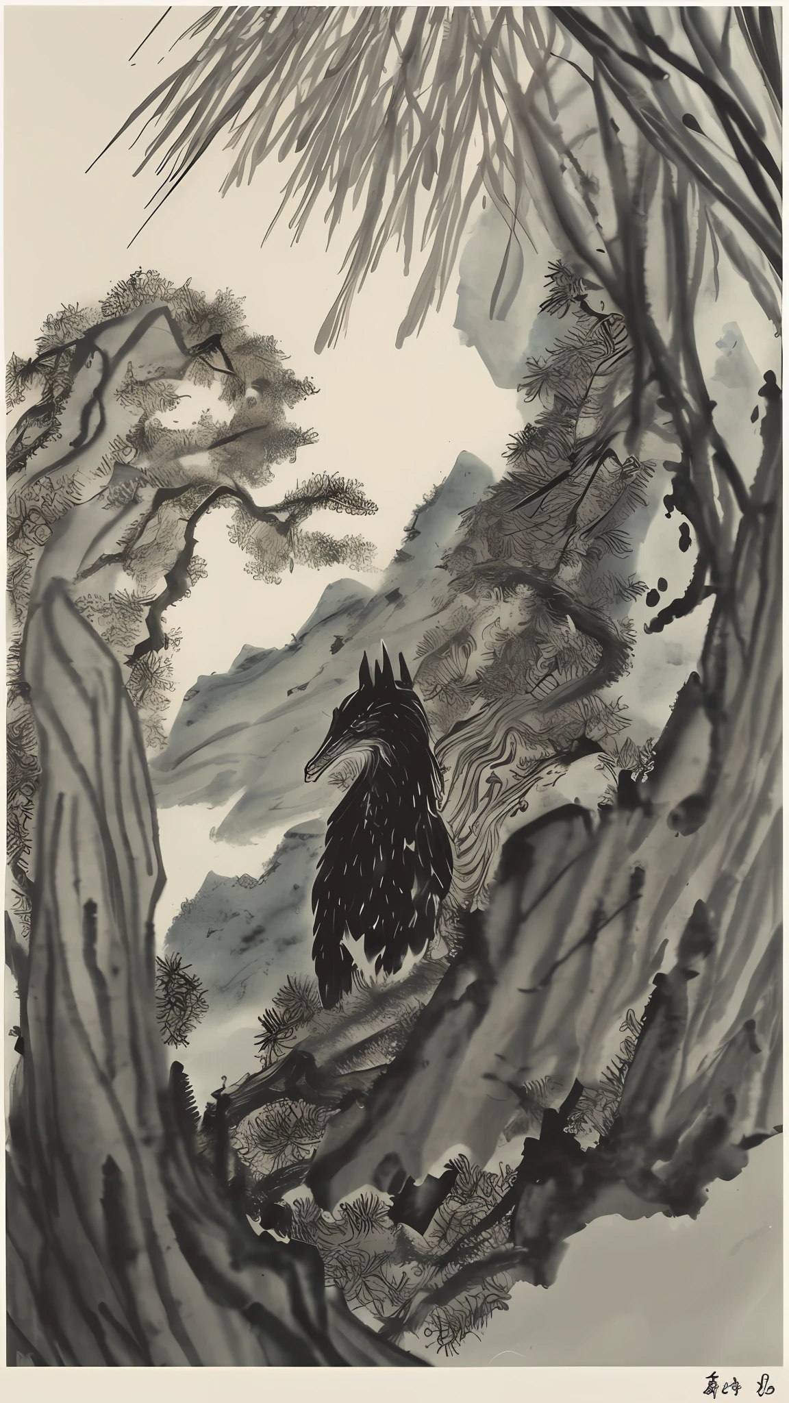 Shook Walking Horse, Negative Space,, Ink Painted Bethim, Standing Female Portrait, Willow Branch, (masterpiece, best quality: 1.2), Chinese painting, model style, peace, (smile), looking at the audience, wearing Changhan clothing, Hanfu, song, background, Willow trees, Wu Chang said,