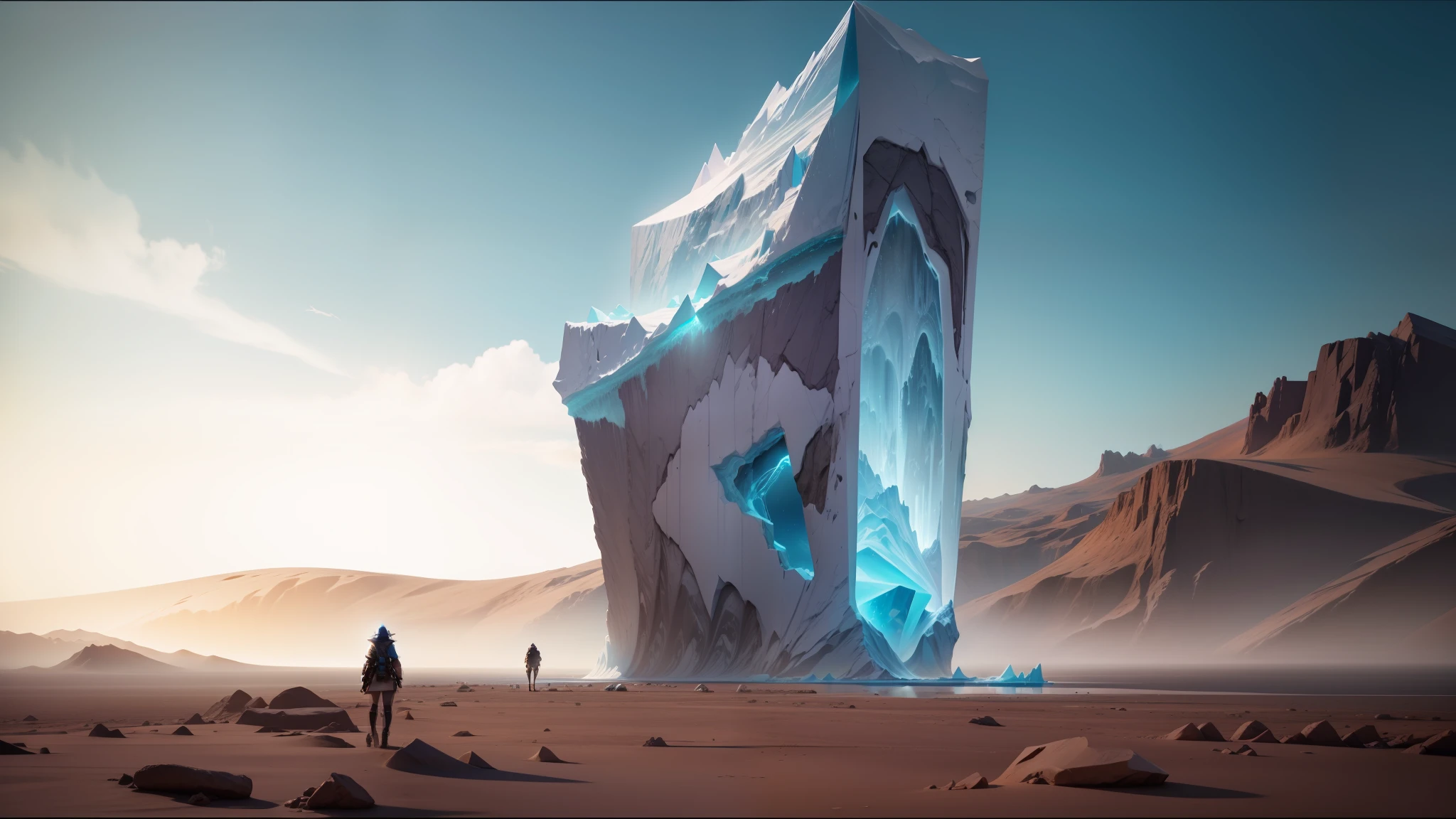 there is a large iceberg in the middle of a desert, behance contest winner, adobe after effects, epic dimensional light, advertising visualization, inspired by Edward Ben Avram, similar to the bifrost, trending on artstaion, female made of ice --auto --s2