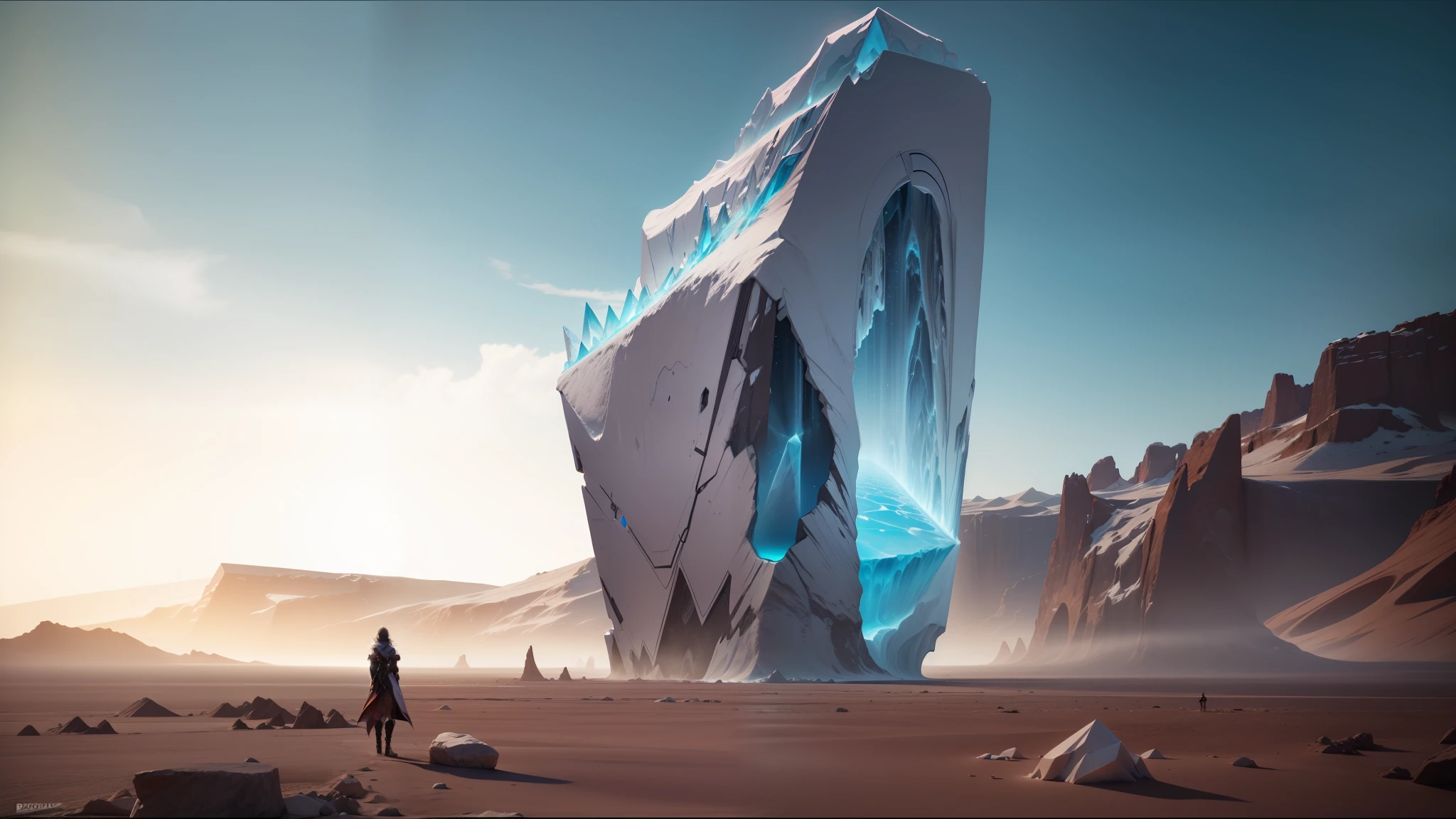there is a large iceberg in the middle of a desert, behance contest winner, adobe after effects, epic dimensional light, advertising visualization, inspired by Edward Ben Avram, similar to the bifrost, trending on artstaion, female made of ice --auto --s2