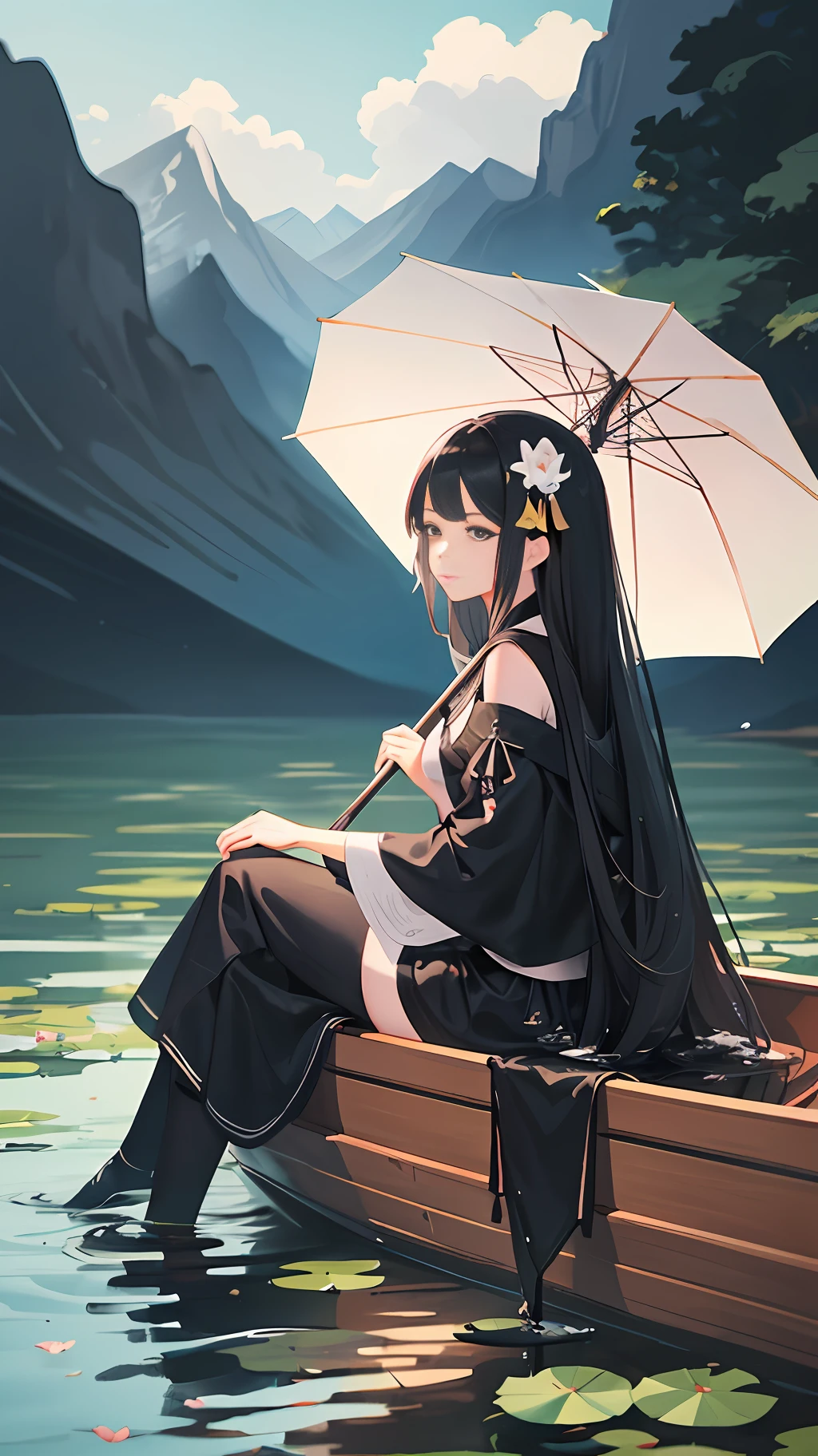 Girl Ink Painting Fine Brush Sketch Minimalist Style Long Black Hair Lotus Pond Girl sitting on the side of the boat holding up a paper umbrella Far away mountain