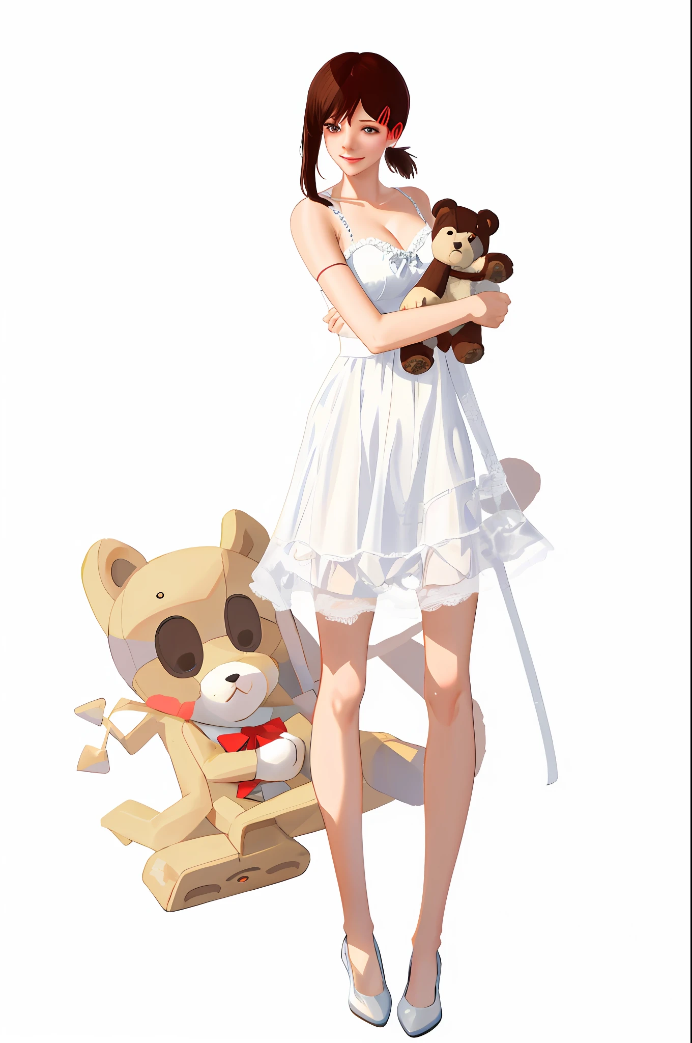 Woman in white underwear holding a teddy bear and smiling, dark hair,shy, Barbie doll in panties and bra, holding a teddy bear, teddy bear, woman holding more toys, stuffed toy, full body wide plane, tanned, toy commercial photo, wearing white camisole, on a mannequin. High Resolution, Teddy Bear, 2 4 Year Old Female Model, Stuffed Animal
