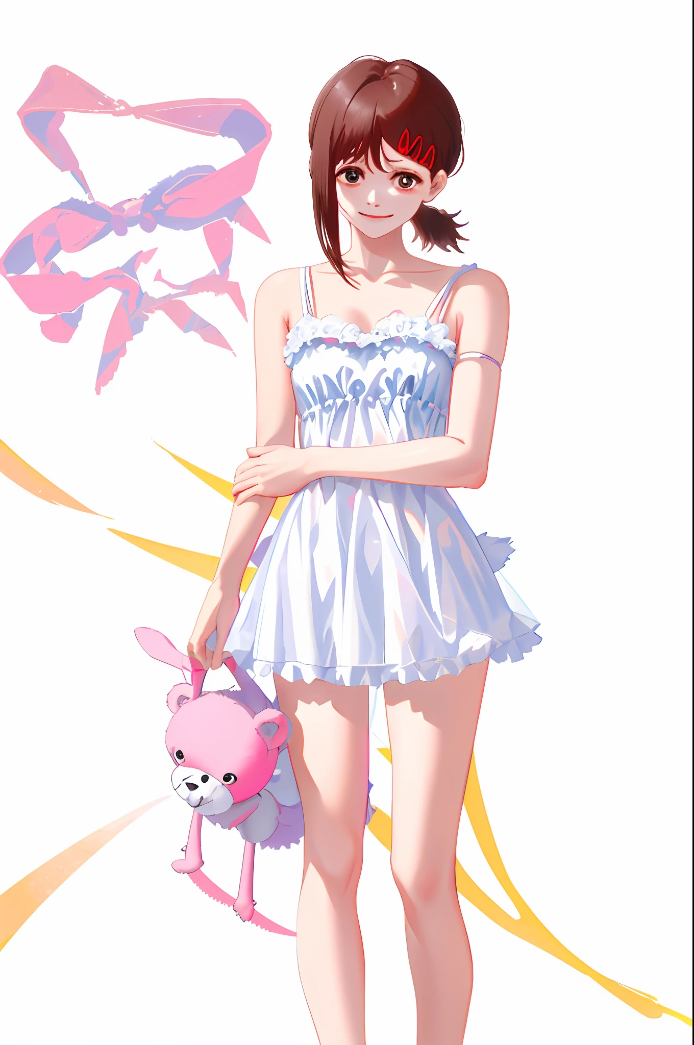 Woman in white underwear holding a teddy bear and smiling, dark hair,shy, Barbie doll in panties and bra, holding a teddy bear, teddy bear, woman holding more toys, stuffed toy, full body wide plane, tanned, toy commercial photo, wearing white camisole, on a mannequin. High Resolution, Teddy Bear, 2 4 Year Old Female Model, Stuffed Animal