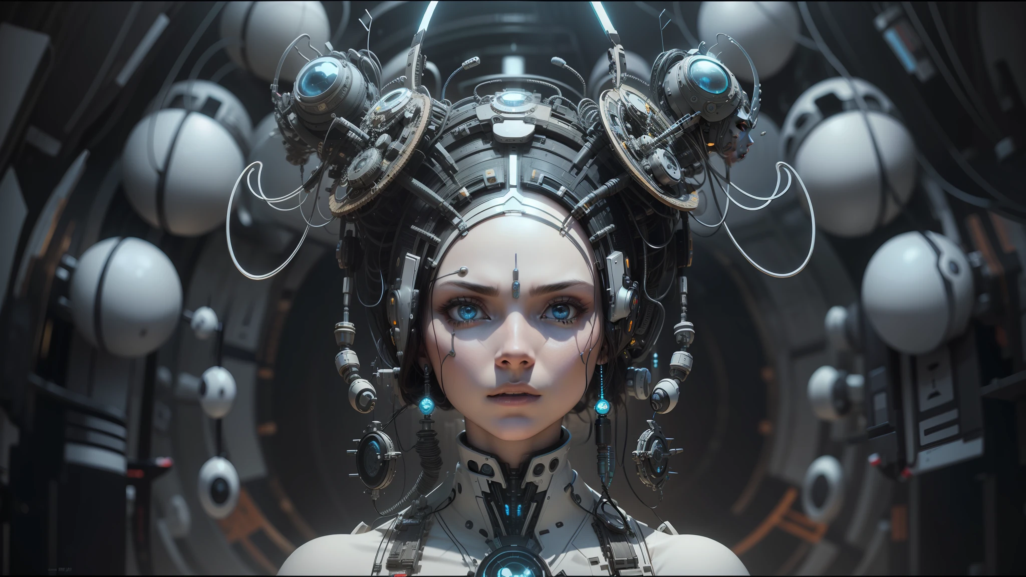 there is a woman with a headdress and a lot of wires, highly detailed vfx portrait of, symmetry! futuristic robotic, nekro, nilian animation studio, vadim voitekhovitch, extremely detailed goddess shot, 2015 cinematography, beautiful cyborg girl, jason engle, keyframe, anthropomorphic _ humanoid, futuristic suzuki --ar 16:9 --auto --s2