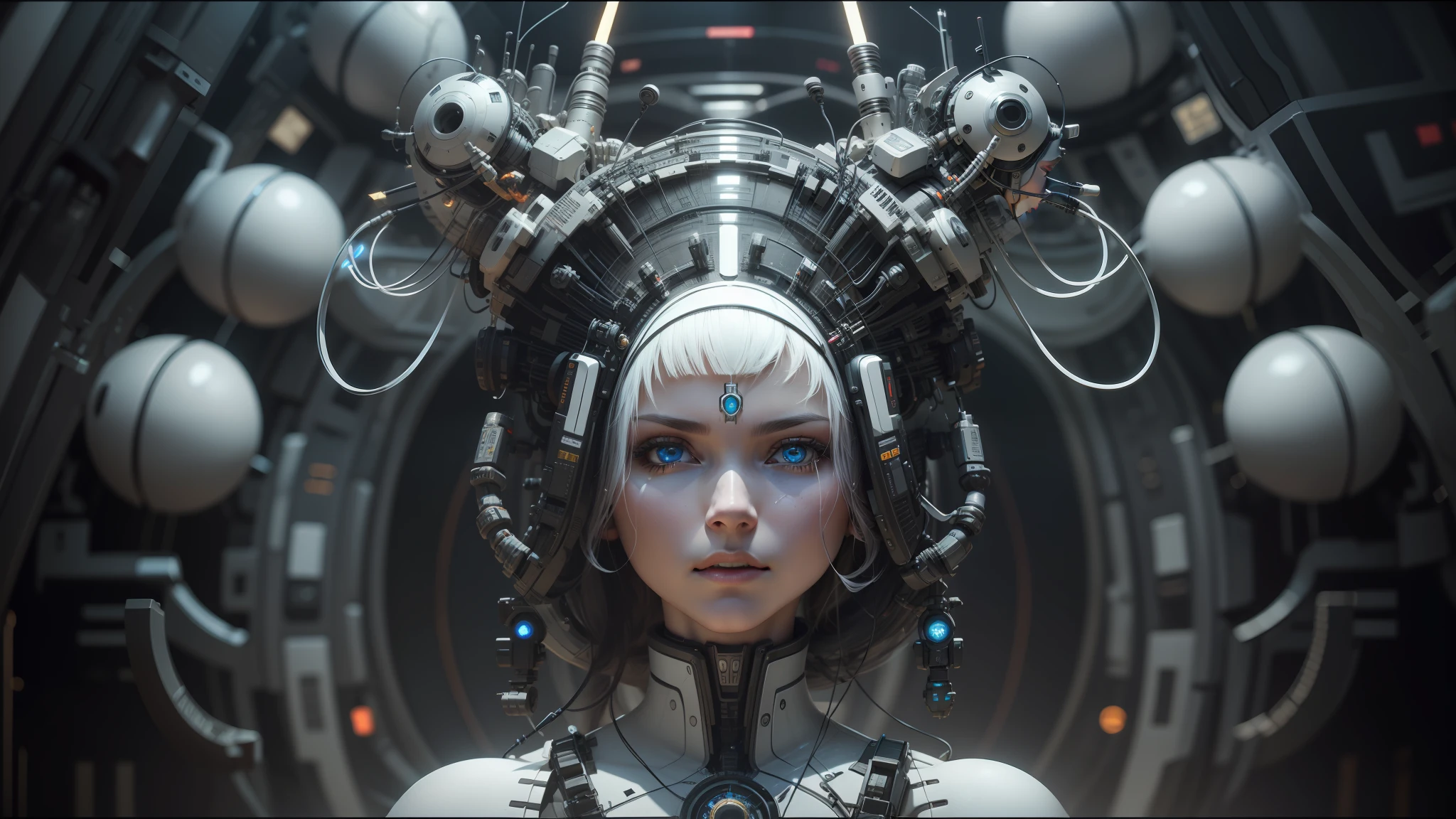 there is a woman with a headdress and a lot of wires, highly detailed vfx portrait of, symmetry! futuristic robotic, nekro, nilian animation studio, vadim voitekhovitch, extremely detailed goddess shot, 2015 cinematography, beautiful cyborg girl, jason engle, keyframe, anthropomorphic _ humanoid, futuristic suzuki --ar 16:9 --auto --s2