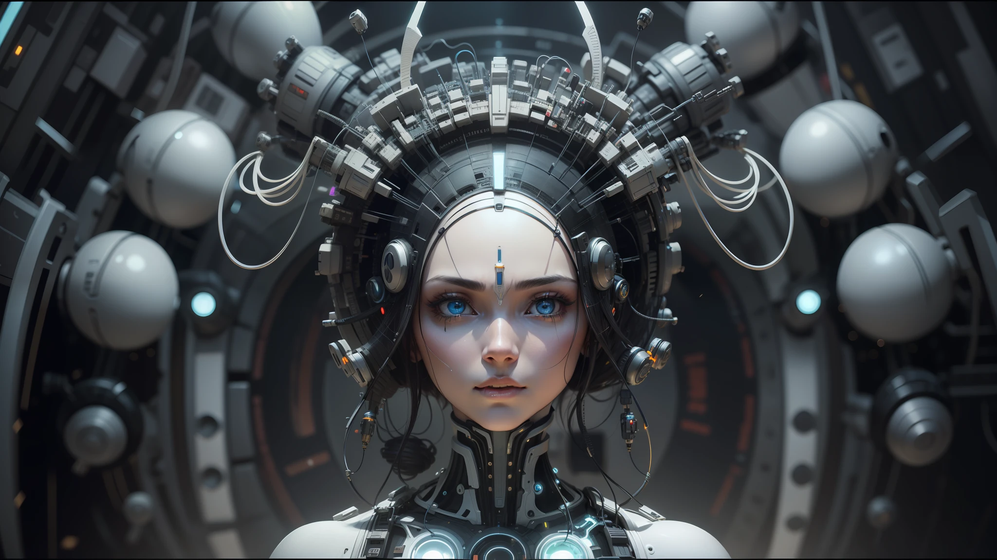 there is a woman with a headdress and a lot of wires, highly detailed vfx portrait of, symmetry! futuristic robotic, nekro, nilian animation studio, vadim voitekhovitch, extremely detailed goddess shot, 2015 cinematography, beautiful cyborg girl, jason engle, keyframe, anthropomorphic _ humanoid, futuristic suzuki --ar 16:9 --auto --s2