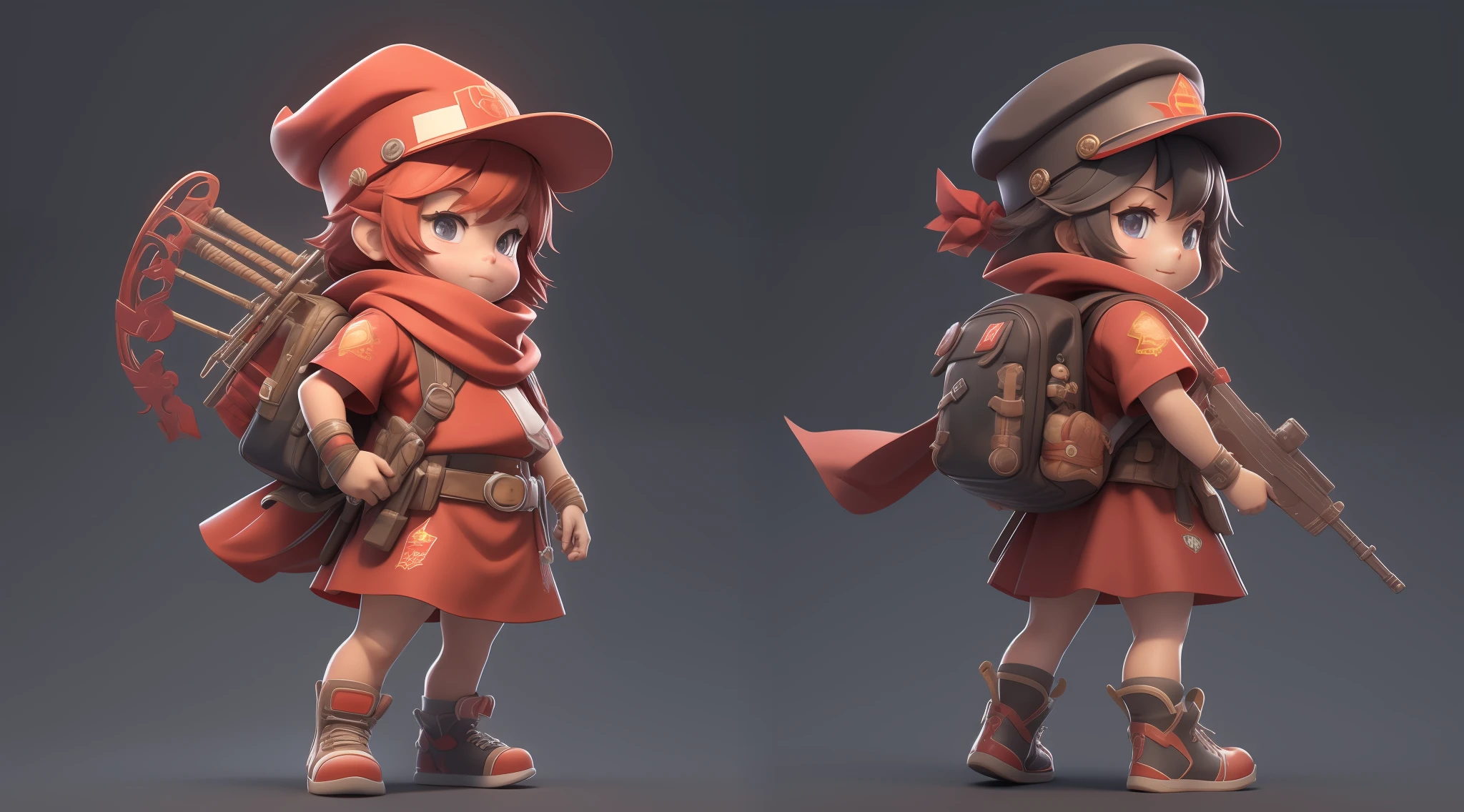 three-view drawing enerate three views, namely the frontview, the side view and the back view, has a cute image wearing a Red Army hat and carrying a heavy backpack, holding a red flag, bubble mart, pure background, three views, horizontal composition, no dividing line, PLA clothing, liberation shoes, IP image, POP Mart, Unreal Engine 5, Highly detailed characters, blind box, cute 3d rendering, stylized anime, 3d rendering stylized, 3d rendered character art 8 K, super detail rendering, cute characters, guvez style artwork, cute detailed digital art, stylized 3d rendering red scarf bubble mart blind box style