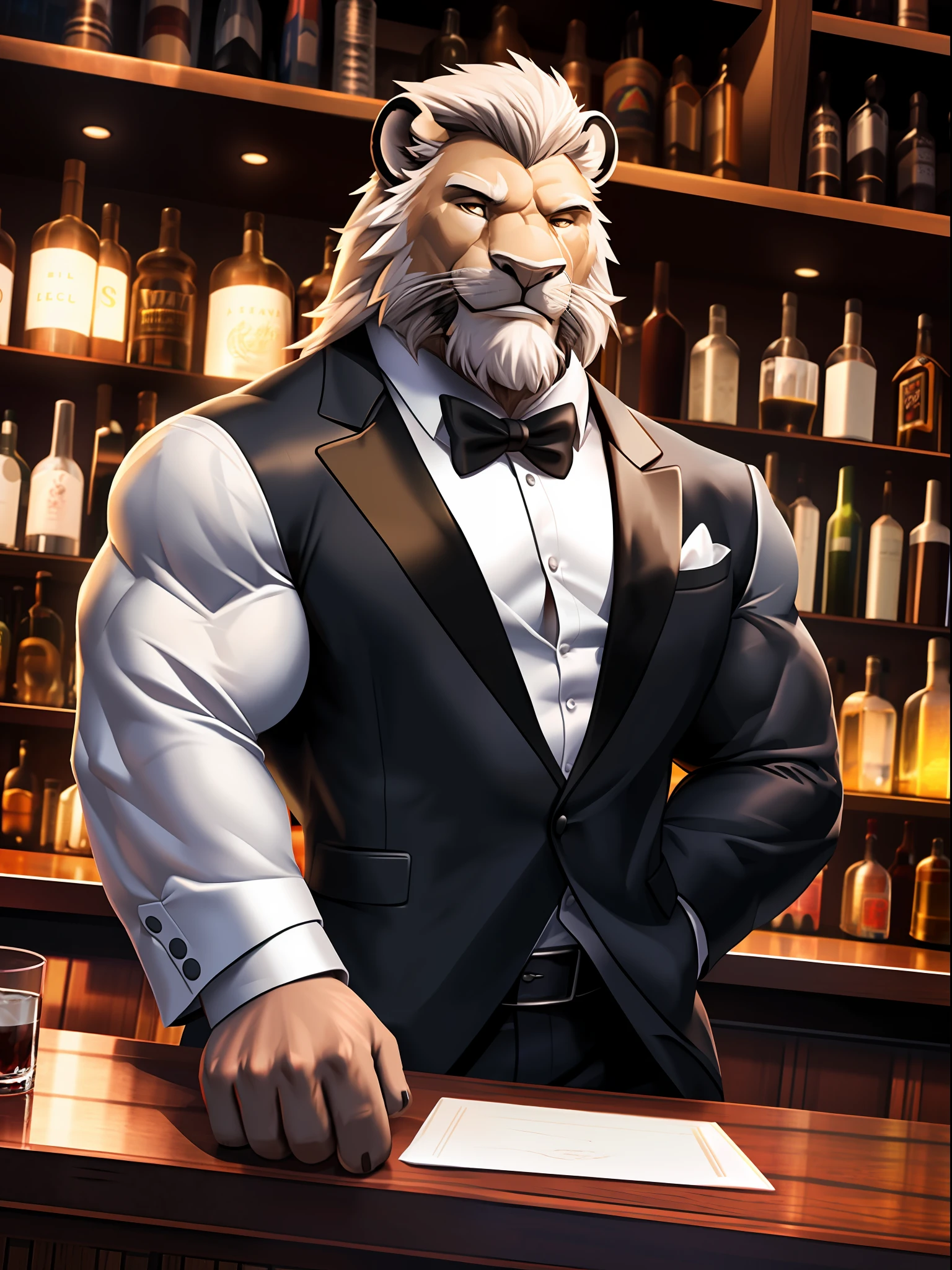 muscular man wear working in bar as bar tender, tuxedo, furry, an anthro (white lion), an anthto, a old man muscular, facial hair, happy expression, extremely detailed muscle, detailed face, face, detailed eyes, eyes, detailed muscle, realistic rendering, CG realistic, 3d realistic, photography, background