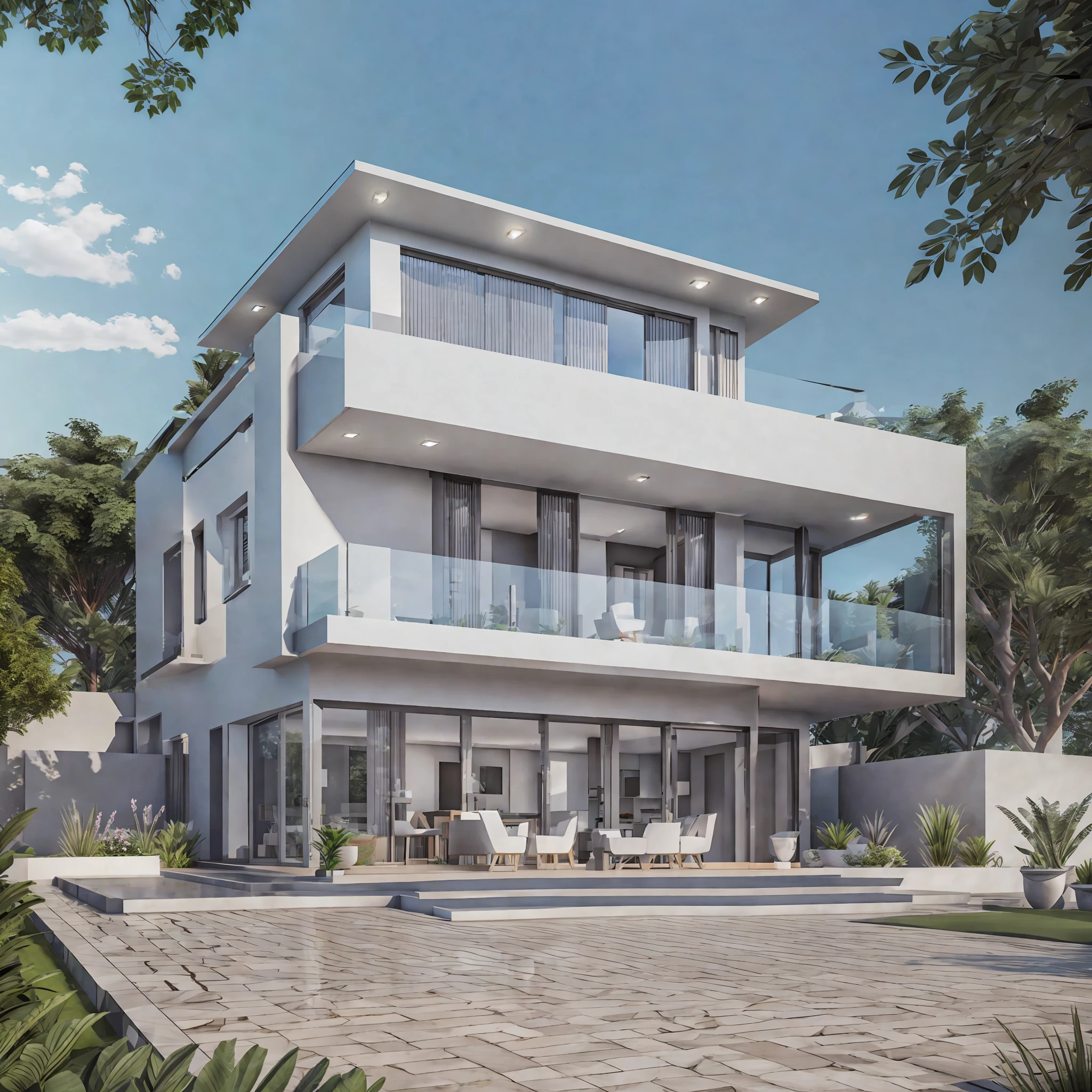 3D model HD rendering, building rendering, high detail, realistic lighting, reality lighting, Lumion 12 rendering, villa, 2 floors, Nude mix white colors, has garden evening sun, in street --auto --s2