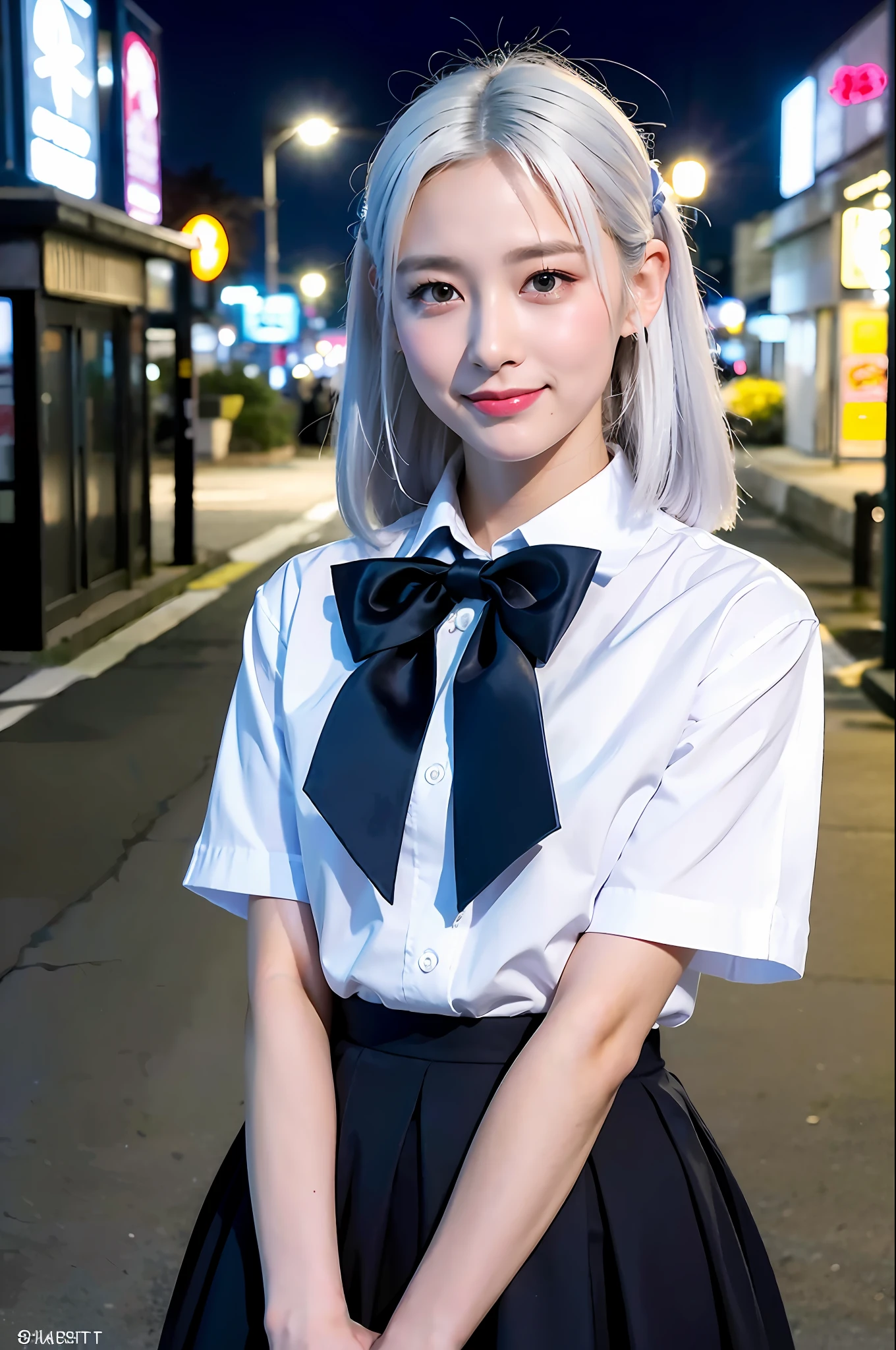 (8k, RAW photo, best quality, mastery:1.3), (realistic, photo-realistic:1.37), (looking viewer:1.331), (white hair), posing, Tokyo street, nightcityscape, cyberpunk city, soft light, 1girl, extremely beautiful face , Perfect body proportions, (small face: 1.1), bust, casual hairstyle, smile, big eyes, (short sleeves JK_shirt), JK_style, (navy JK_skirt), (bow JK_tie), mix4, detailed eyes