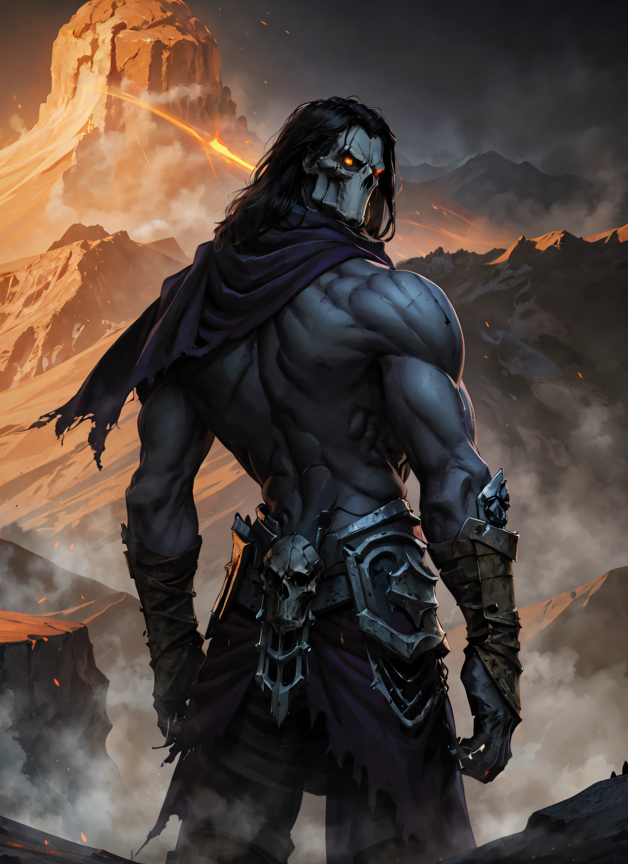 from behind, looking at viewer, 1boy, thedeath standing in dark, topless, windblown scarf, gauntlets, skull, glowing eyes, muscular, mountain, molten rock, volumetric lighting, best quality, masterpiece, realistic,