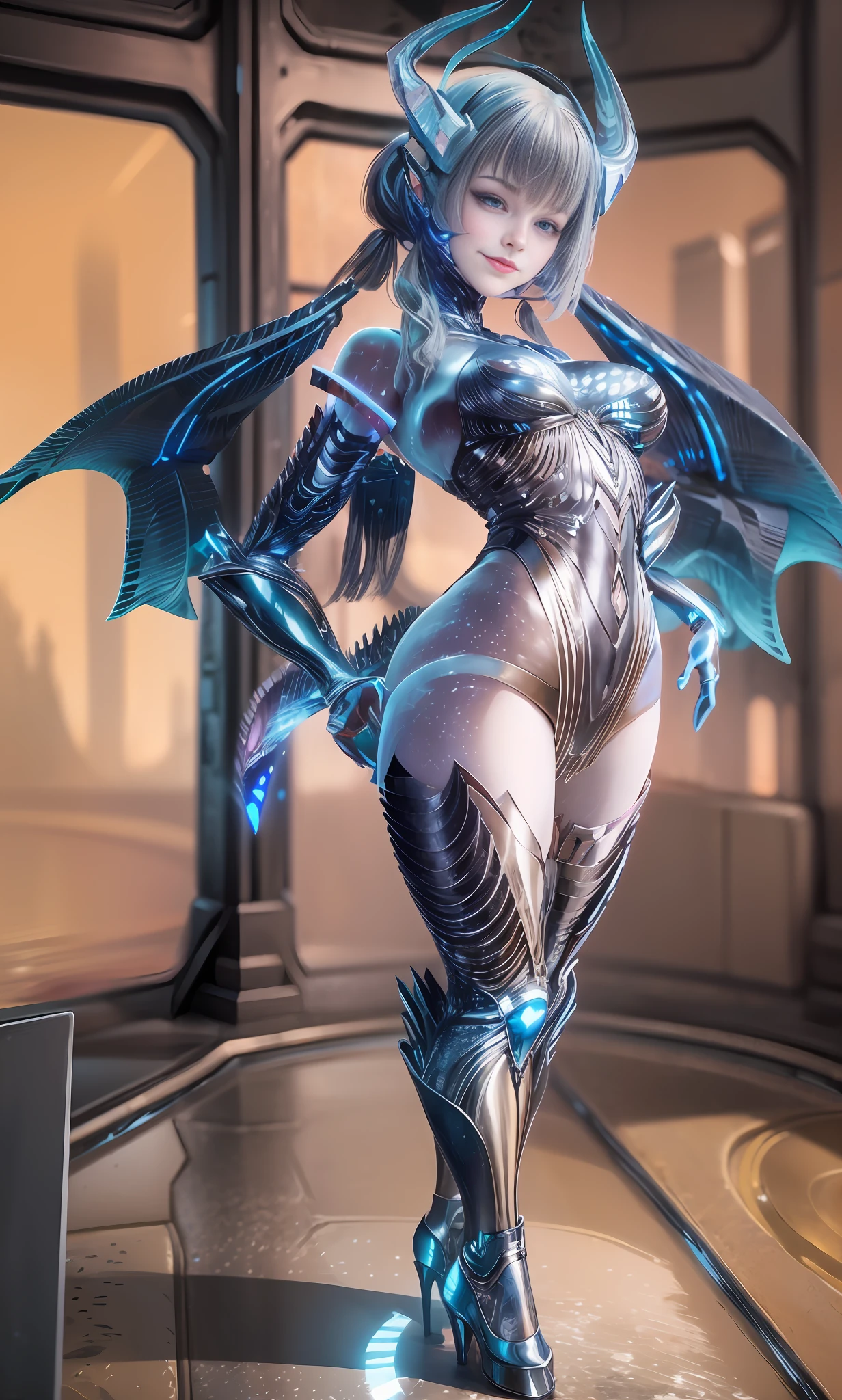(Masterpiece, Best Quality:1.2), Absurd, (Traditional Media: 1.2), (2D:1.2), (Center:1.3), Illustration, skirt_tail, Highly Detailed, (Ultra Detailed), Medium Shot, Realistic, Ultra-Realistic 8k CG, (Full Body: 1.2), A Woman in a Futuristic Suit with Horns and Horns on Her Head Standing in Front of a Futuristic City, 1Girl, Smiling, Puffy, Plump Body, Fleshy Thighs, White Fancy Pattern Stockings, High Heels, bangs, black hair, tights, puffiness, large breasts, horns, long hair, looking at the audience, makeup,