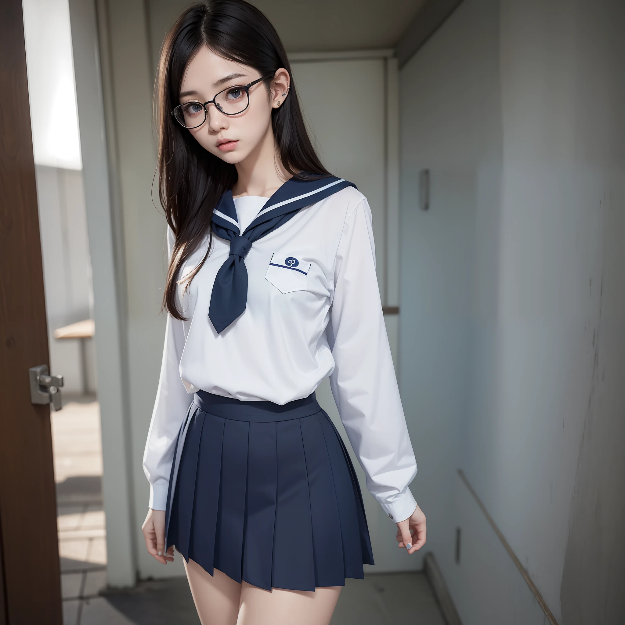 ((half-eyed)), ((narrow-eyed)), ((solo)), (small), (flat breasts), (), (uncensored), (1 girl),(full body),raw photo, frank, ,textured skin, (medium hair:1.2), pale skin, Japan person, glasses, young, tall, dark expression, bright black eyes, anger,ears, sailor uniform,school uniform,blue and light blue checked skirt ,slender body, Medium Build, Small Waist, Wide Thighs, Photorealistic, Top Quality, 8K, Masterpiece