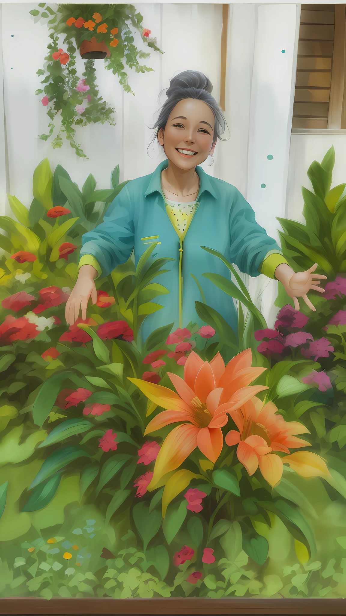 A happy woman in her garden.
