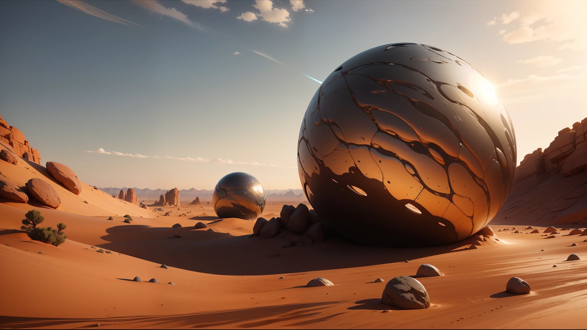 there are two shiny spheres in the desert with rocks, art station award winner, liquid metal, by Nelson Alexander Ross, film still from dune 2020, reflective material, videogame screenshot, trending on artstarion, trending on artstaion, exoplanet, trending on artstattion, visually stunning --auto --s2