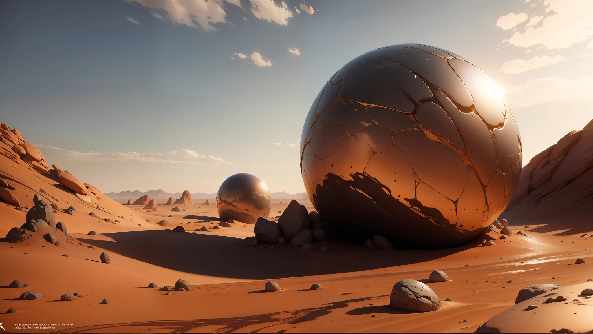 there are two shiny spheres in the desert with rocks, art station award winner, liquid metal, by Nelson Alexander Ross, film still from dune 2020, reflective material, videogame screenshot, trending on artstarion, trending on artstaion, exoplanet, trending on artstattion, visually stunning --auto --s2