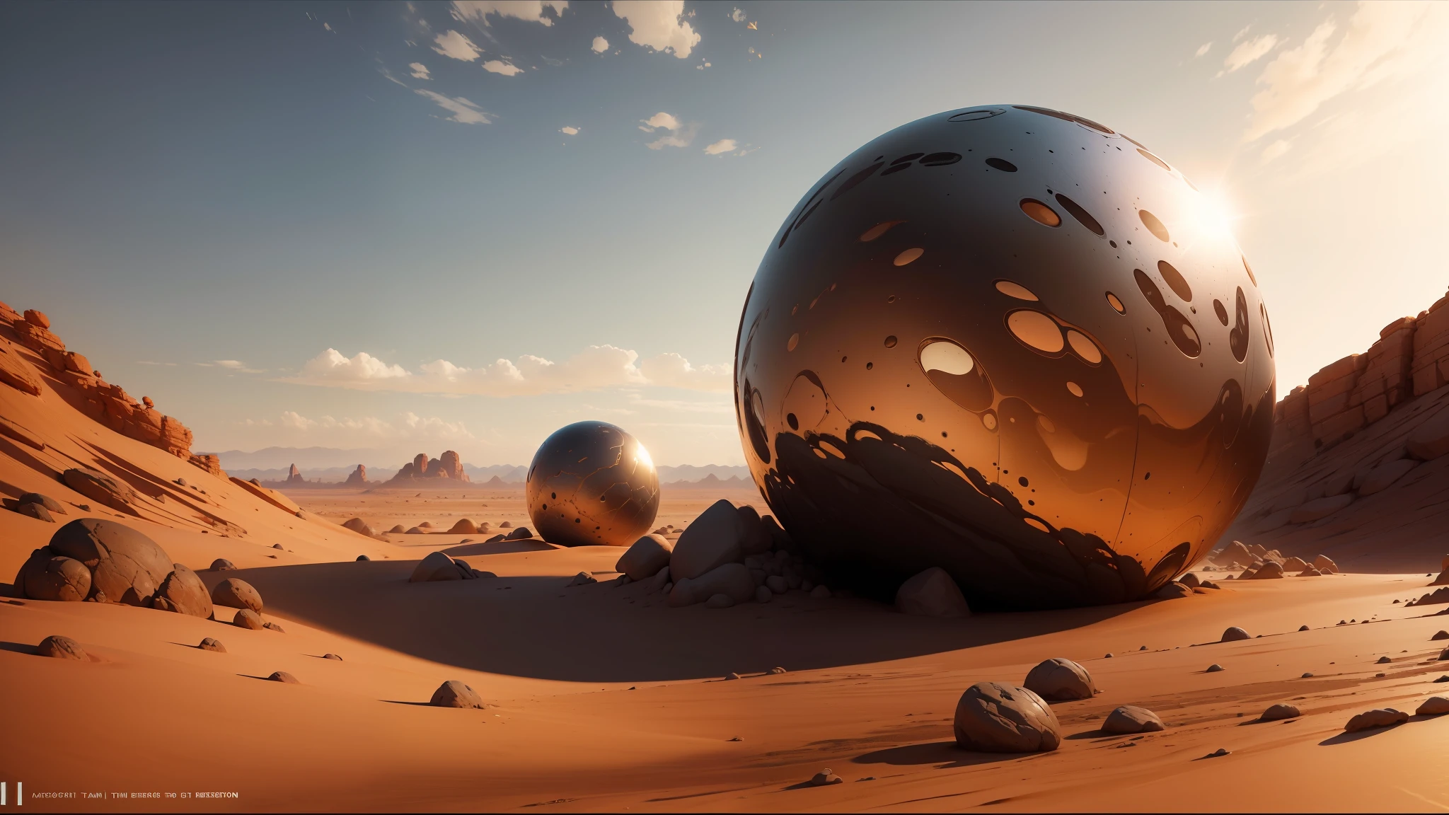 there are two shiny spheres in the desert with rocks, art station award winner, liquid metal, by Nelson Alexander Ross, film still from dune 2020, reflective material, videogame screenshot, trending on artstarion, trending on artstaion, exoplanet, trending on artstattion, visually stunning --auto --s2