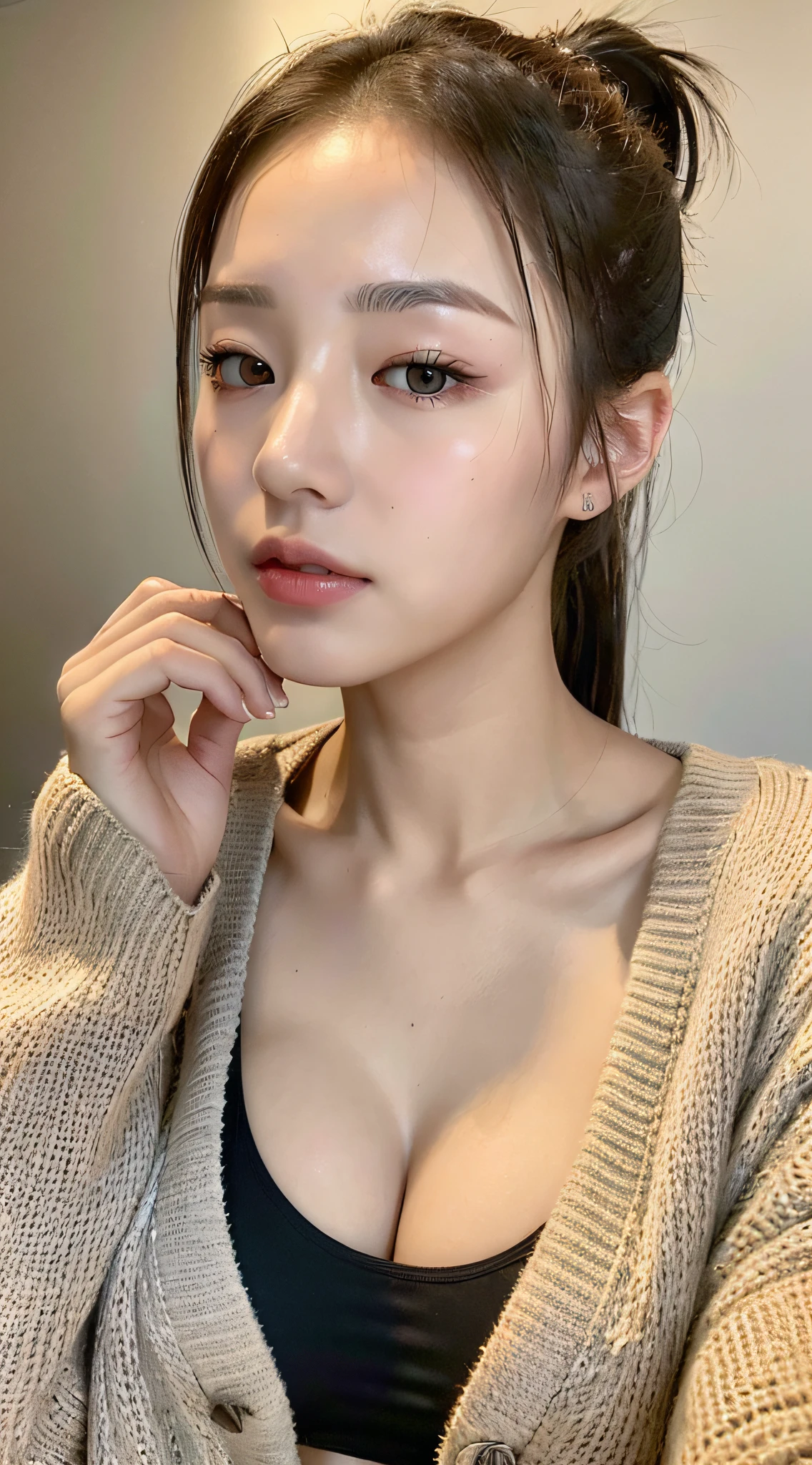 ((Best quality, 8k, Masterpiece :1.3)), 1girl, Pretty woman with slender abs :1.3, (Ponytail, Huge breasts :1.2), Cardigan :1.1, Ultra-detailed face, Detailed eyes, Double eyelid