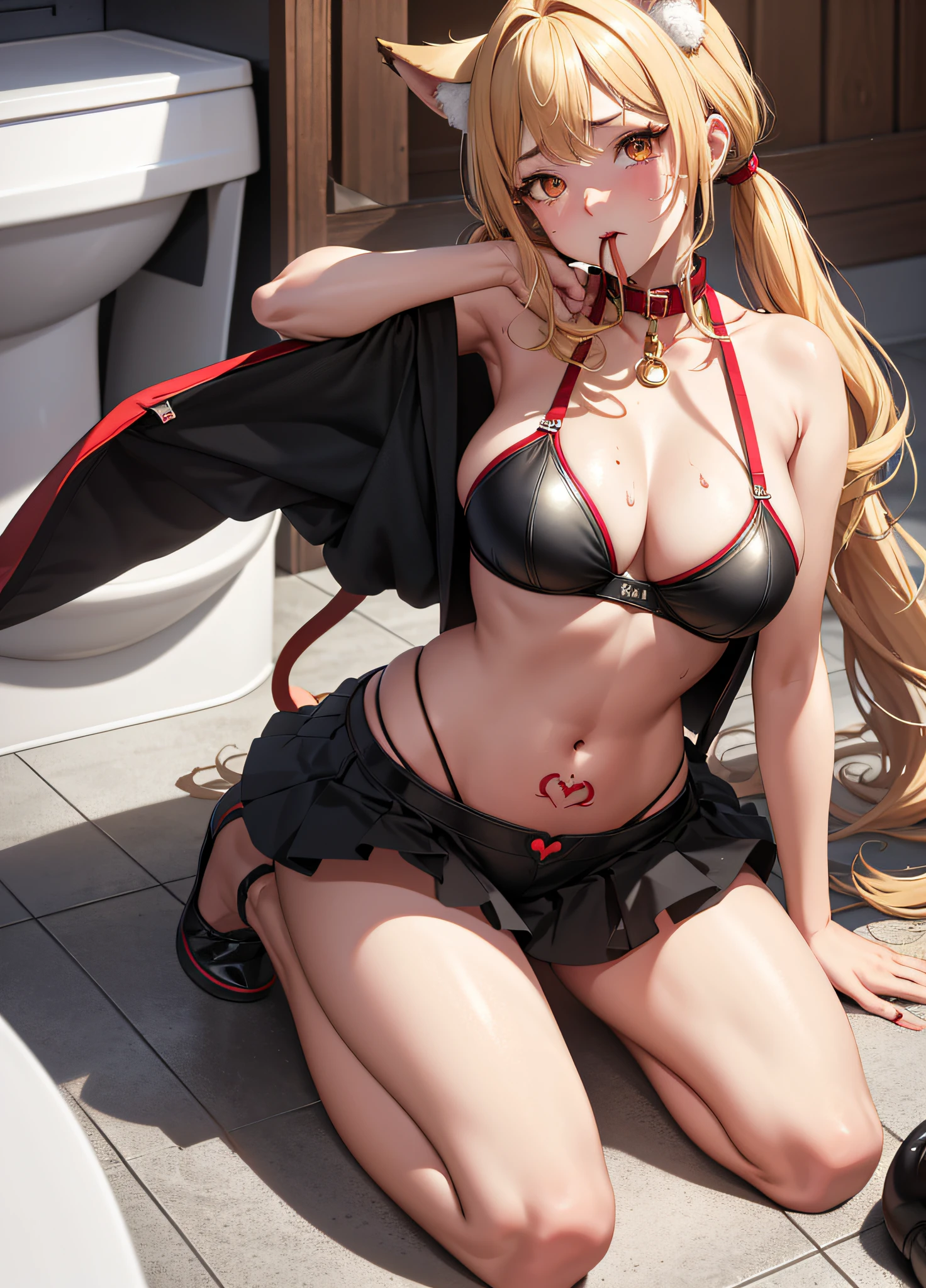 Masterpiece, Top Quality, Alone, (Young Woman), Solo, Blonde Twin Tails, Big, Thighs, Dog Ears, (Golden Eyes), Red Collar, Chain Leash, Black Bra, Black Pants, Golden Fluffy Tail, (Red and Very Large Heart Tattoo Under the Navel), Crying, Sweating a lot, (Red cheeks), Looking Up, Mouth wide open, Back figure, Show back, Images of him crouching on the floor, knees open to the left and right, legs open, wagging his tail, dirty toilet, full body figure, looking down from above