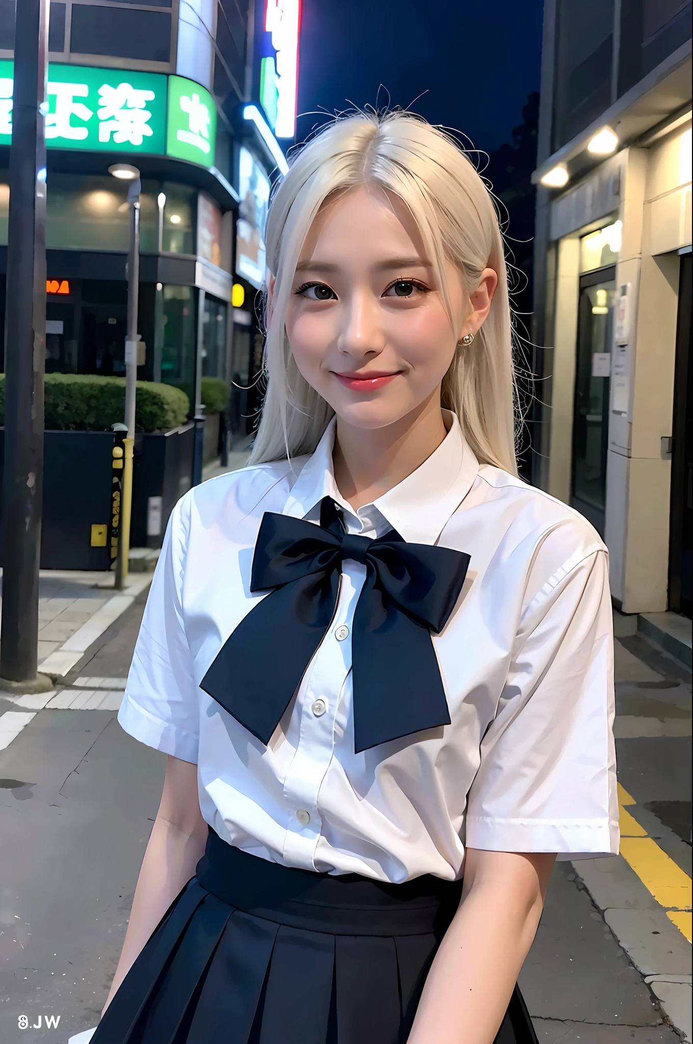 (8k, RAW photo, best quality, mastery:1.3), (realistic, photo-realistic:1.37), (looking viewer:1.331), (white hair), posing, Tokyo street, nightcityscape, cyberpunk city, soft light, 1girl, extremely beautiful face , Perfect body proportions, (small face: 1.1), bust, casual hairstyle, smile, big eyes, (short sleeves JK_shirt), JK_style, (navy JK_skirt), (bow JK_tie), mix4, detailed eyes