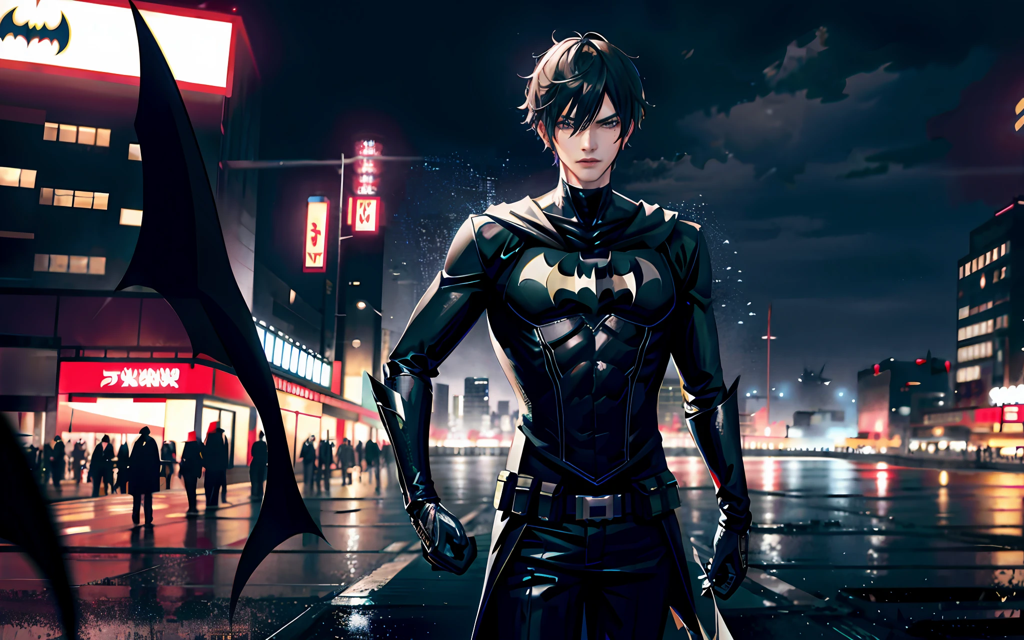 skinny batman in teenager with young detailed face, 18 yo batman, Tokyo downtown city background, raining atmosphere, photorealistic, ultra 4k, full body,