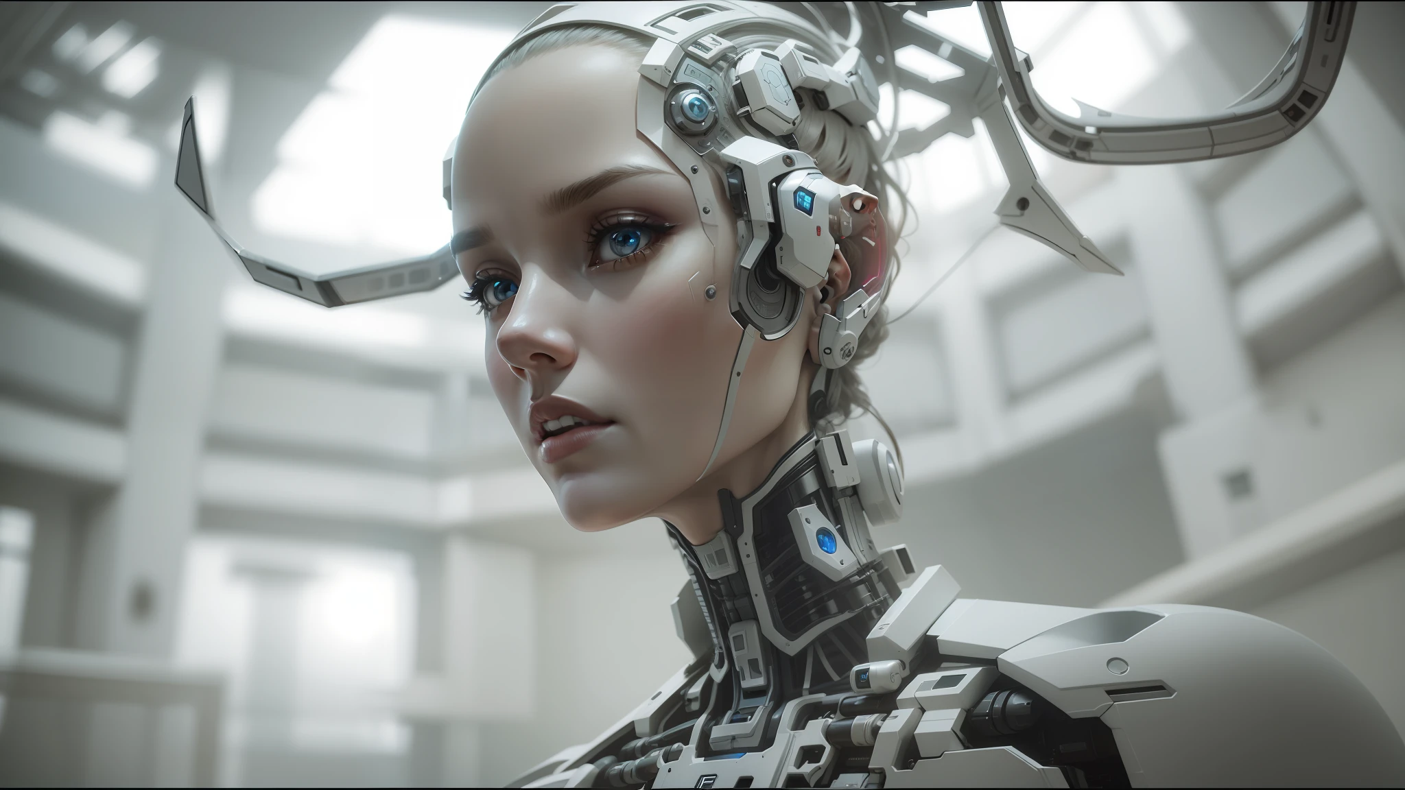 arafed woman with a robotic head and neck in a building, masterpiece ; behance hd, japanese vfx, cinematic. white, a cyborg, inspired by Serge Sudeikin, rendering of beauty pageant, neuromancer, glass cyborg, cyborg wing --ar 16:9 --auto --s2
